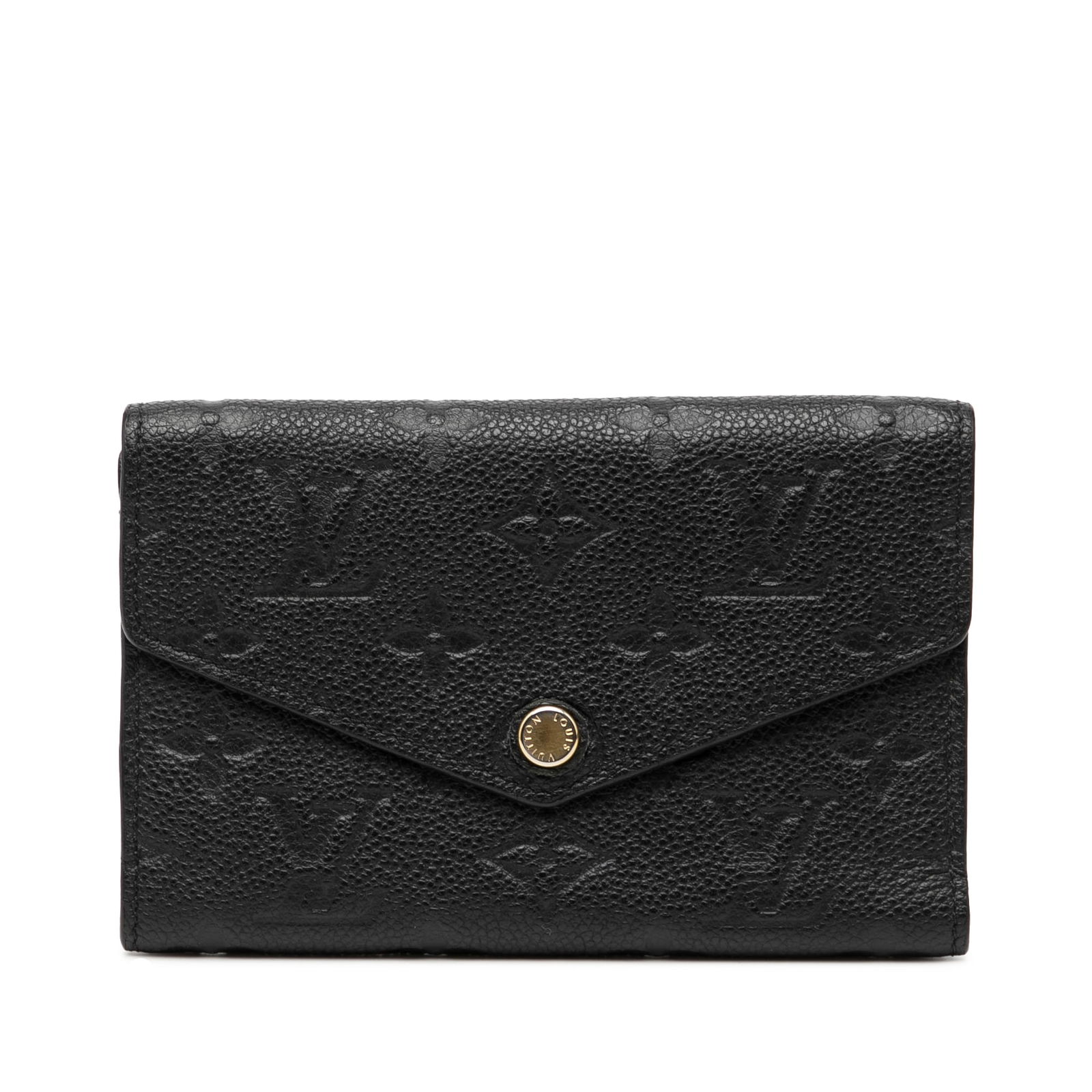 Louis Vuitton Victorine Compact Wallet in Monogram Empreinte Leather Black: Louis Vuitton Victorine Compact Wallet in Monogram Empreinte Leather Black This Louis Vuitton Victorine wallet is crafted from monogram empreinte leather in black and features a top flap with a push b