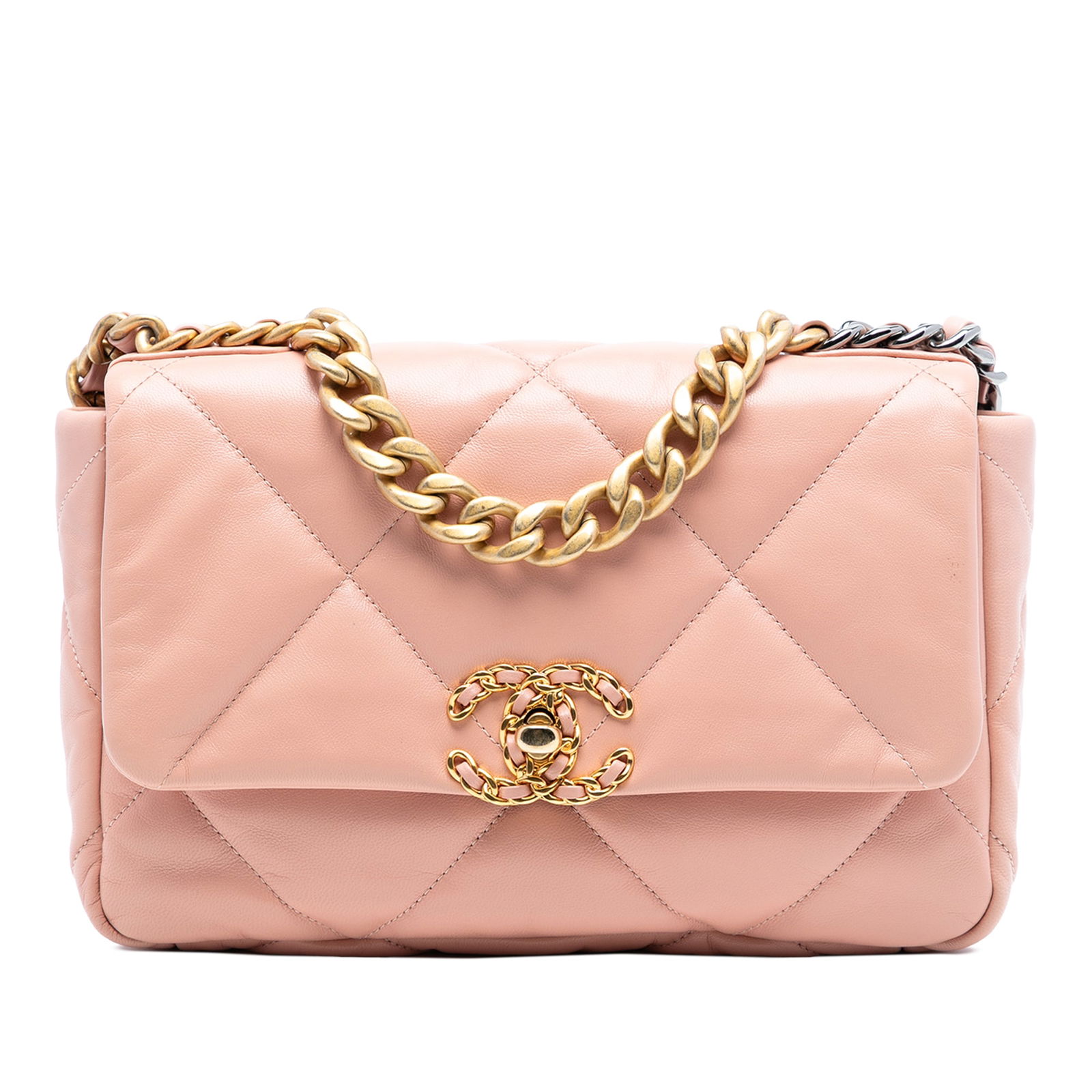 Pink Chanel 19 Quilted Lambskin Flap Shoulder Bag with Chain Handle: Pink Chanel 19 Quilted Lambskin Flap Shoulder Bag with Chain Handle This Chanel Medium 19 Flap bag showcases a pink quilted lambskin leather body and features a chain handle with a woven leather chain
