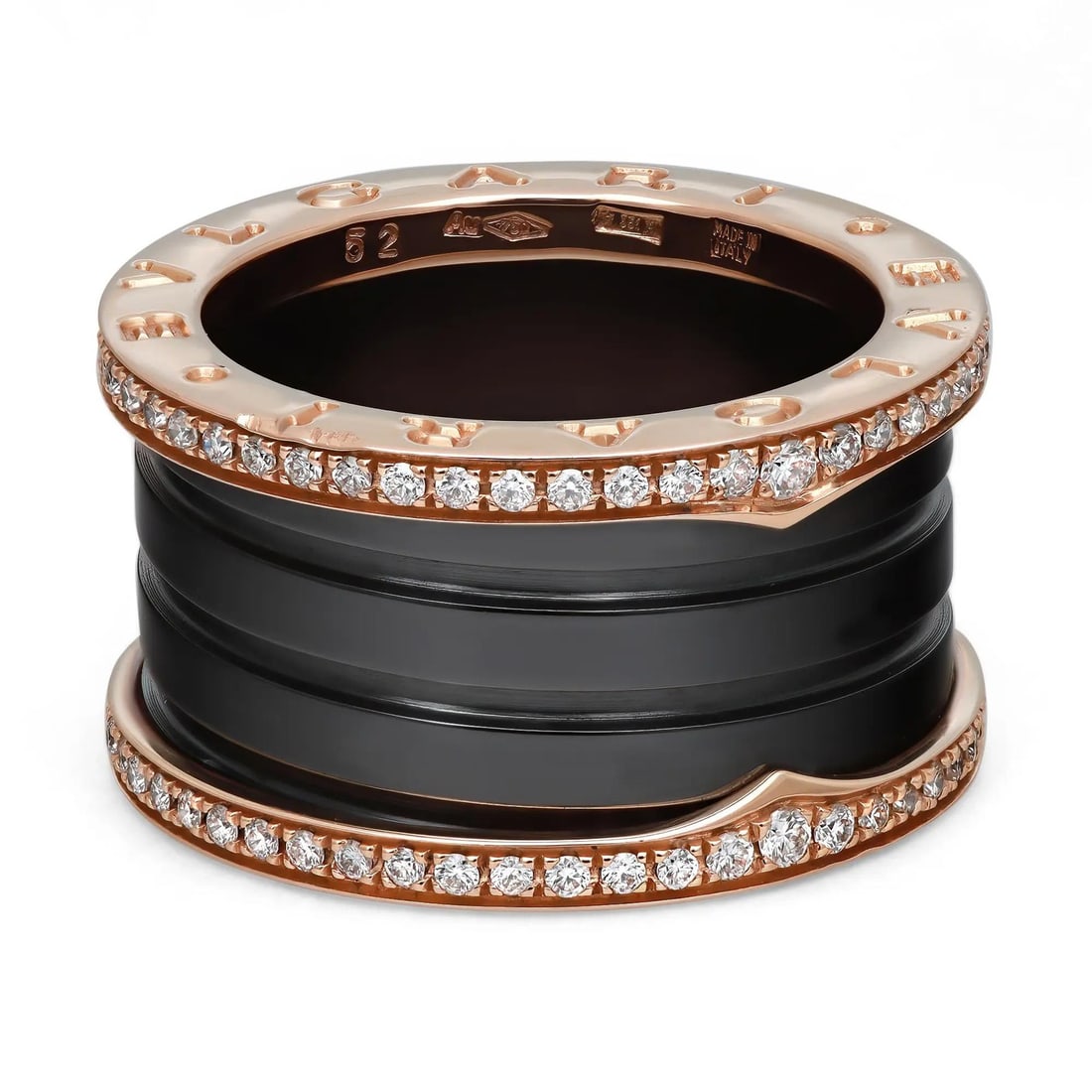 Bvlgari B.Zero1 Four Band Ring 18K Rose Gold Diamond Ceramic 1.27ct: Bvlgari B.Zero1 Four Band Ring 18K Rose Gold Diamond Ceramic 1.27ct This exquisite Bvlgari B.Zero1 Diamond Ceramic Four Band Ring features a stunning design crafted from lustrous 18K rose gold and dur