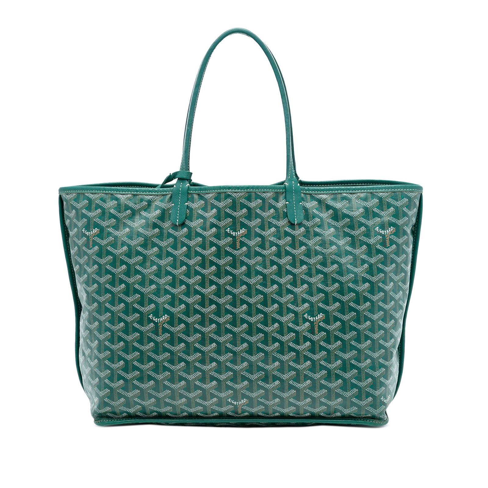 Goyard Anjou PM Green Tote with Reversible Goyardine Canvas: Goyard Anjou PM Green Tote with Reversible Goyardine Canvas This Goyardine Reversible Anjou PM features a reversible coated canvas body with leather trim, flat leather straps, an open top, and an inte