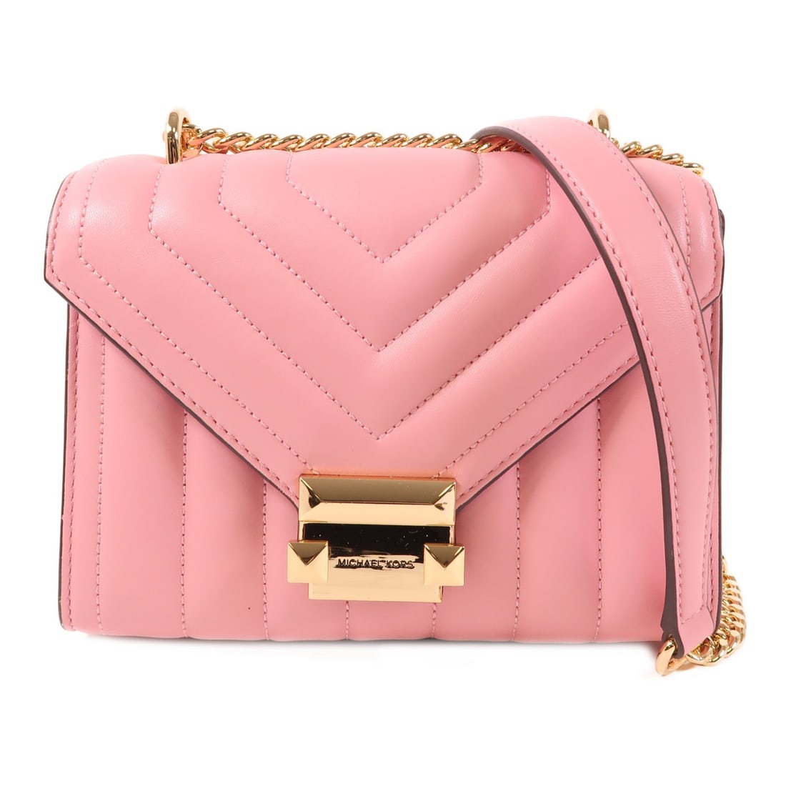 Michael Kors Whitney Pink Calfskin Shoulder Bag with Gold Hardware: Michael Kors Whitney Pink Calfskin Shoulder Bag with Gold Hardware Elevate your accessory collection with the Michael Kors Whitney Shoulder Bag, a stylish piece crafted from premium calfskin leather i