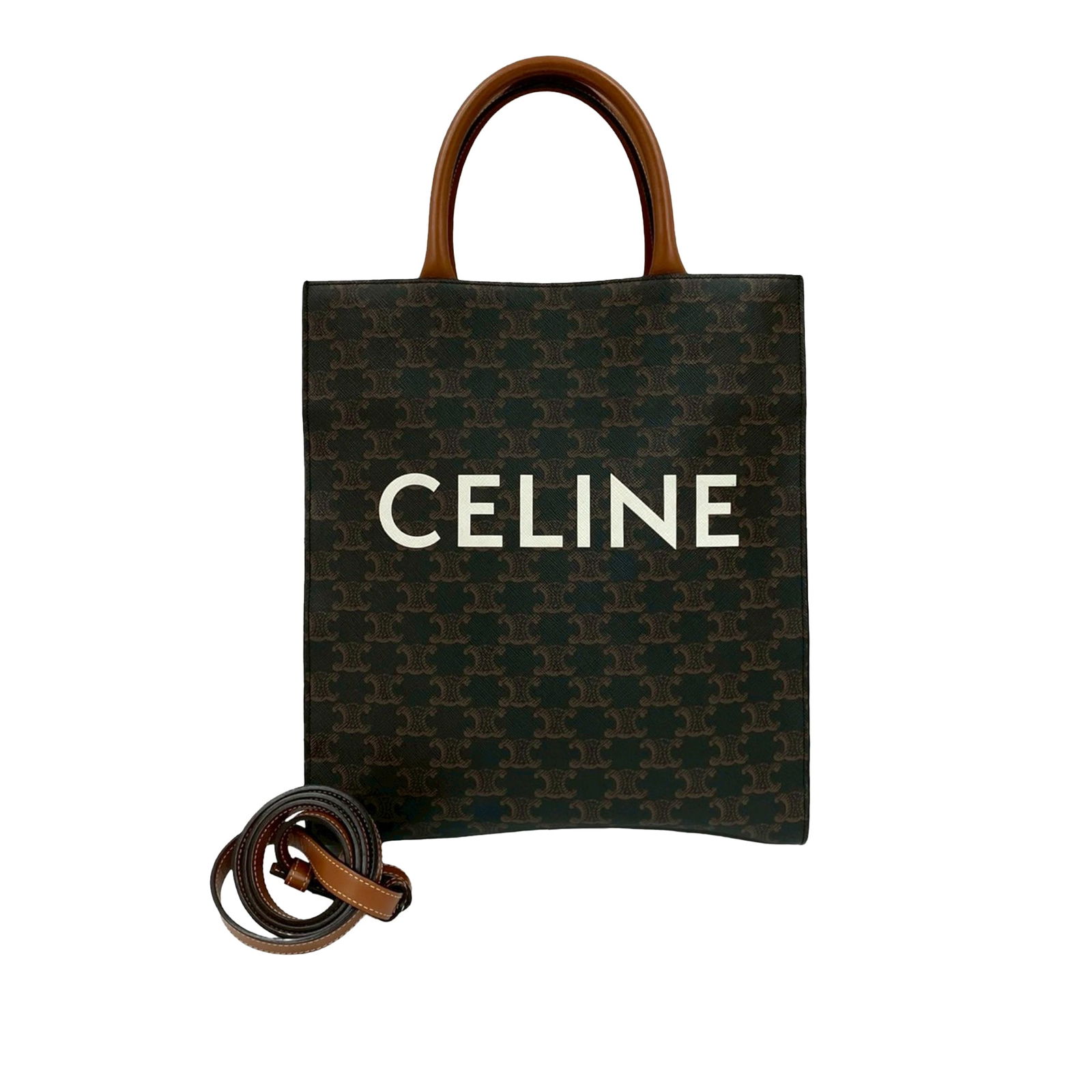 Celine Triomphe Small Coated Canvas Vertical Cabas Tote Bag: Celine Triomphe Small Coated Canvas Vertical Cabas Tote Bag This Celine Small Triomphe Vertical Cabas Tote features a coated canvas exterior with rolled leather handles and a flat leather strap. It ha