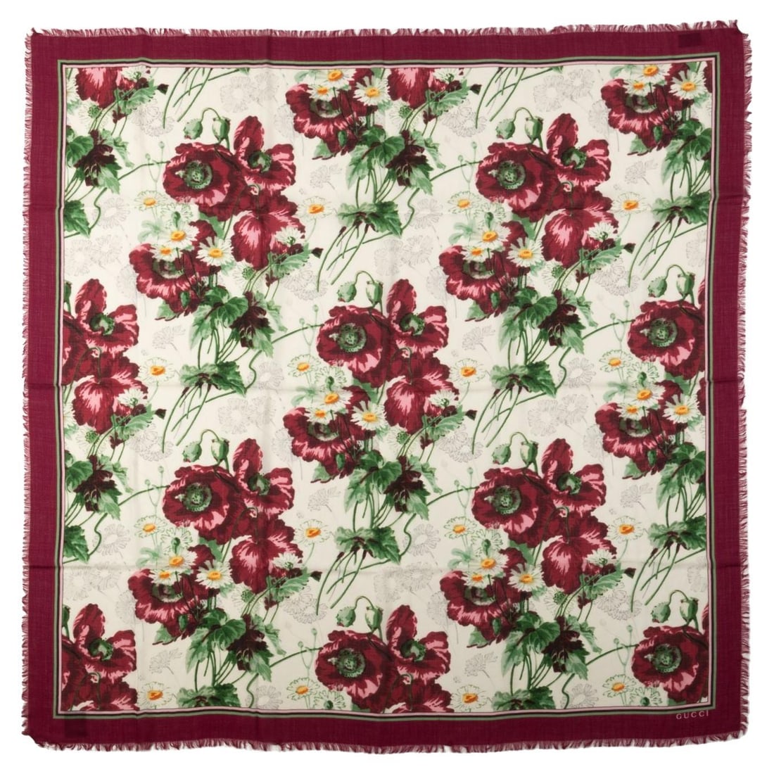 Gucci Wool Flower Shawl 55 in Cream Green Burgundy Italy: Gucci Wool Flower Shawl 55 in Cream Green Burgundy Italy Embrace elegance with this luxurious Gucci wool flower shawl, featuring a stunning floral design in a sophisticated cream, green, and burgundy