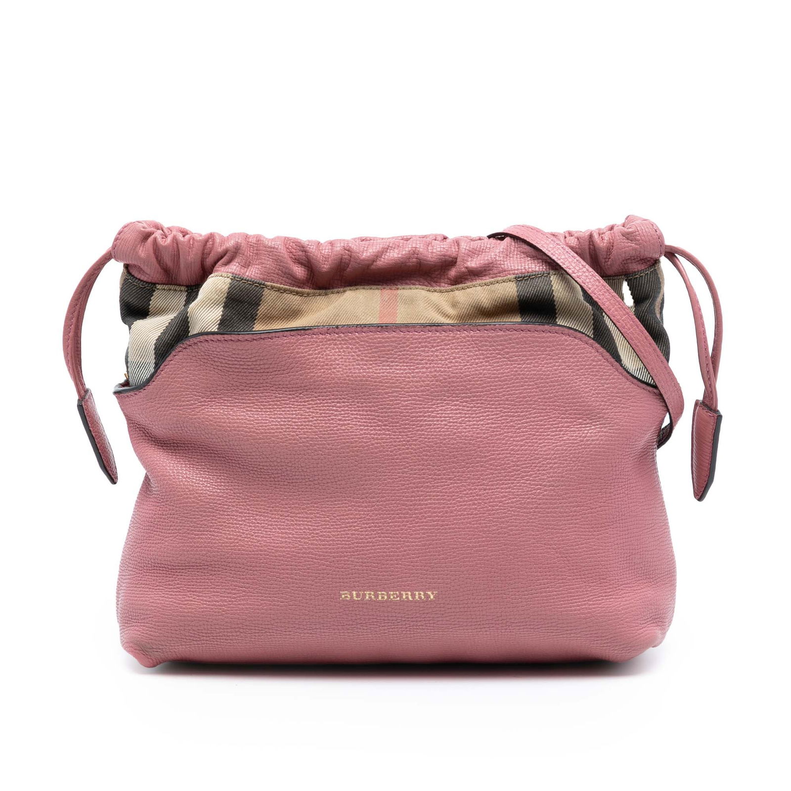 Little Crush Pink Leather and House Check Crossbody Bag by Burberry: Little Crush Pink Leather and House Check Crossbody Bag by Burberry This Burberry House Check Canvas and Calfskin Little Crush Crossbody features a leather and house check canvas exterior in pink, a f