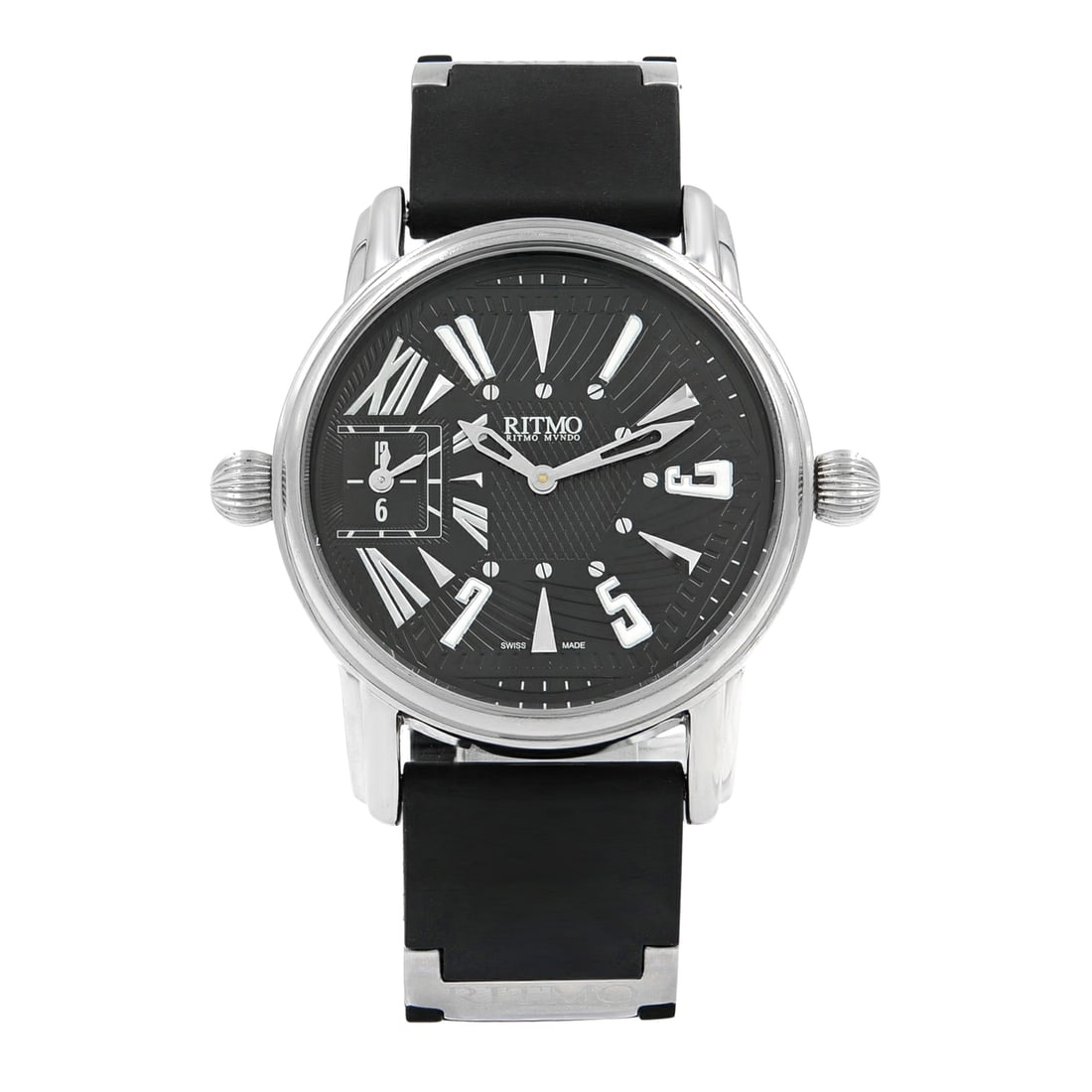 Ritmo Mundo Divina Dual Time Quartz Watch Black Dial Rubber Strap: Ritmo Mundo Divina Dual Time Quartz Watch Black Dial Rubber Strap This Ritmo Mundo Divina men's wristwatch combines style and functionality with its dual time display and sleek design. Featuring a str