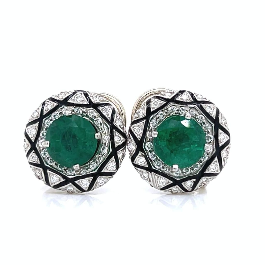 Platinum Emerald Diamond Earrings 5.39 Ct with 108 Diamonds: Platinum Emerald Diamond Earrings 5.39 Ct with 108 Diamonds Elevate your elegance with these stunning Platinum Earrings featuring 5.39 Ct. of vibrant Emeralds paired with sparkling diamonds. The earri