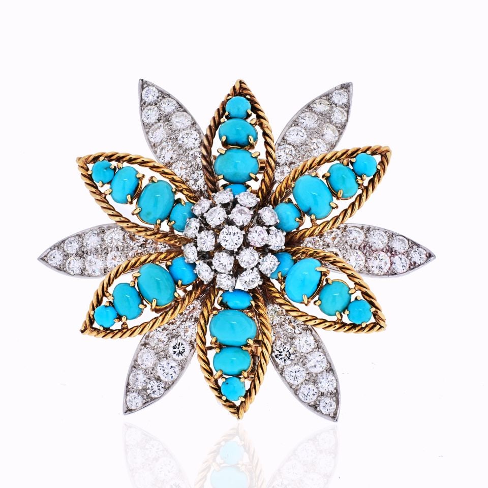 David Webb Platinum 18K Gold Turquoise Diamond Flower Brooch 11.5 Cts: David Webb Platinum 18K Gold Turquoise Diamond Flower Brooch 11.5 Cts This exquisite David Webb brooch features a stunning design inspired by an exotic flower, meticulously crafted from a combination