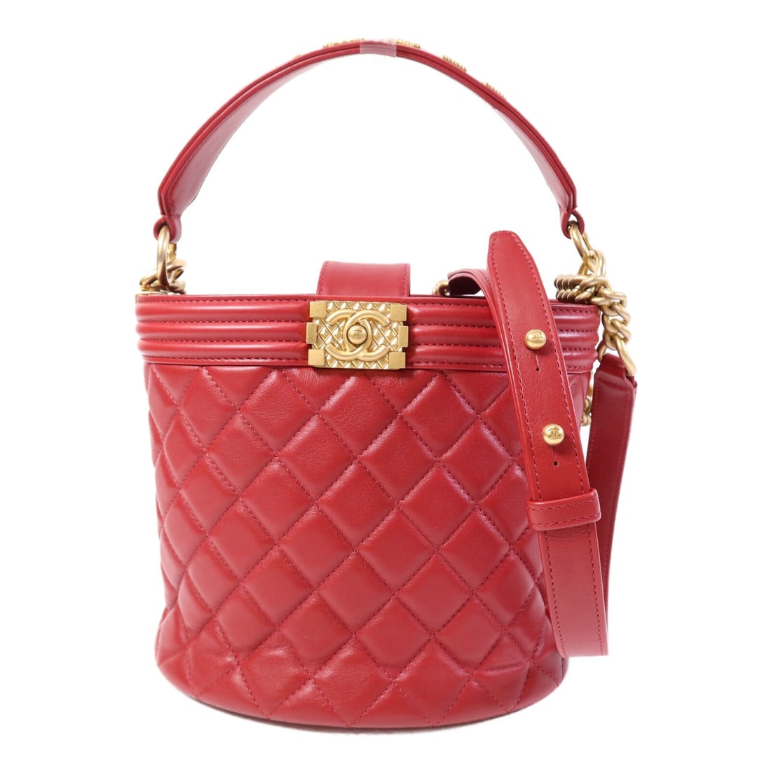 Red Lambskin CHANEL AS2110 Bucket Shoulder Bag with Gold Hardware: Red Lambskin CHANEL AS2110 Bucket Shoulder Bag with Gold Hardware This CHANEL CC bucket bag is crafted from luxurious red lambskin leather and features gold-tone hardware. Designed as a versatile 2-wa