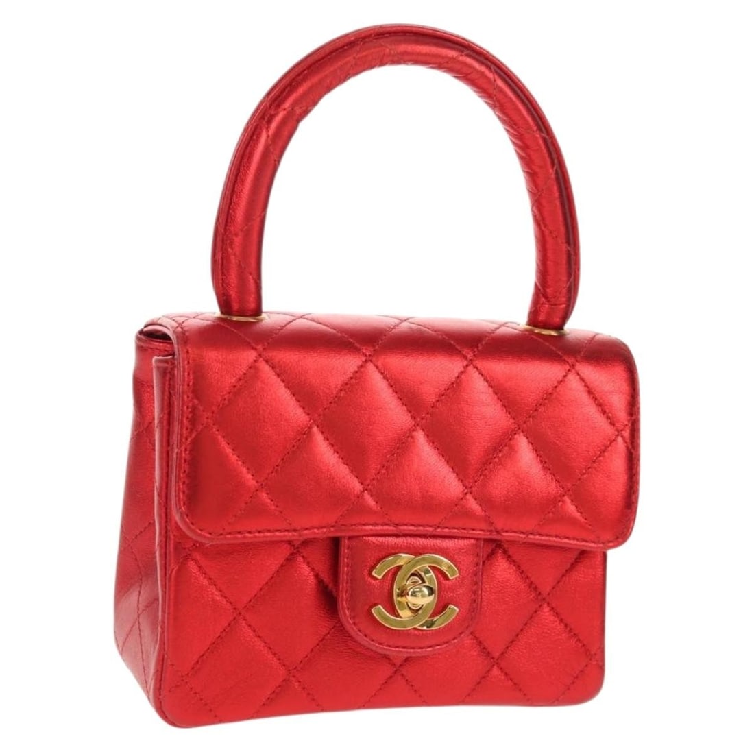 CHANEL Matelasse Red Leather Top Handle Hand Bag Gold CC Auth (1 of 18)