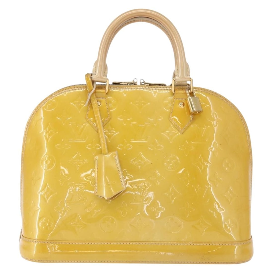 Alma Model Yellow Patent Leather Handbag by Louis Vuitton: Alma Model Yellow Patent Leather Handbag by Louis Vuitton This Louis Vuitton Alma handbag features a striking yellow patent leather exterior and is designed for women. The bag shows some signs of use,