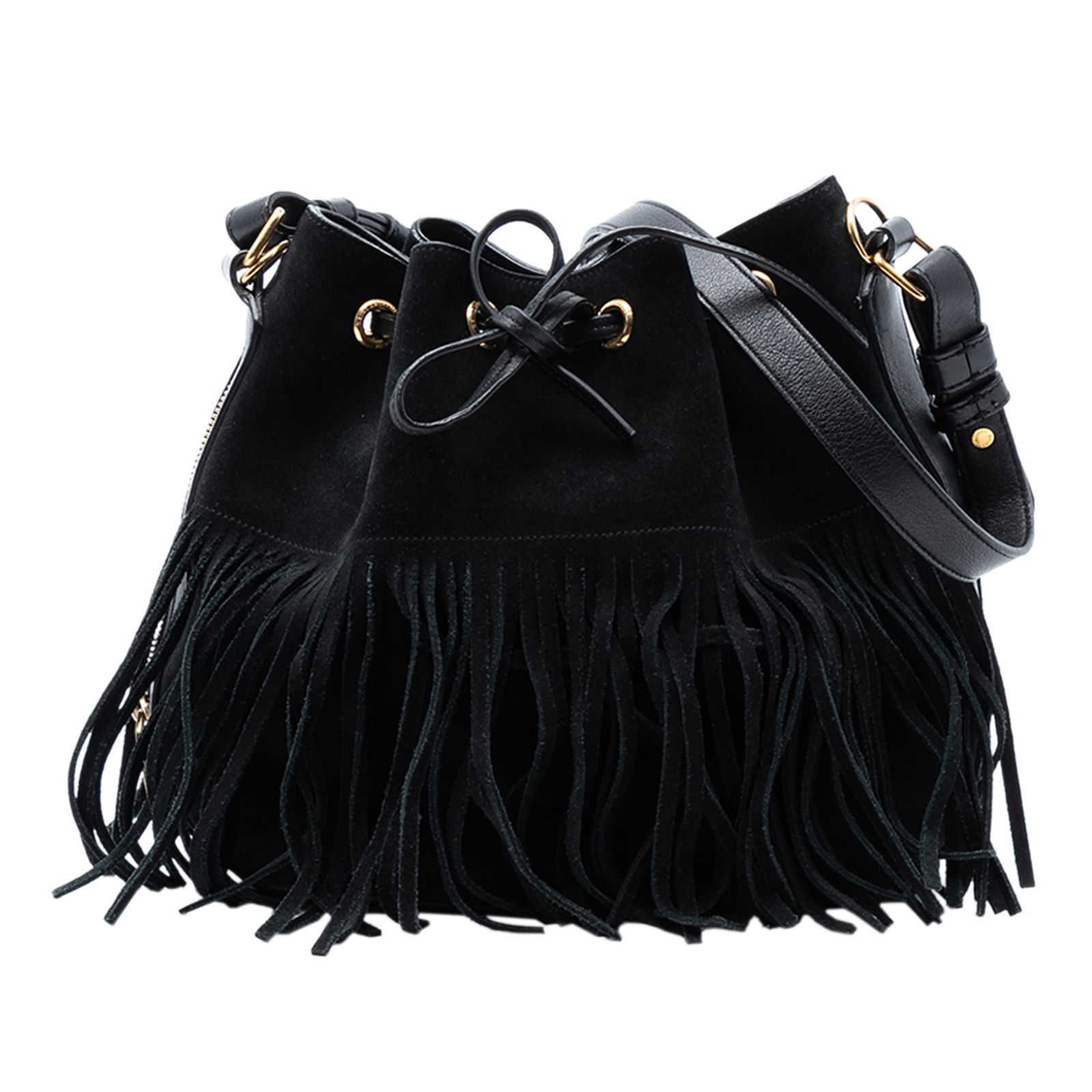 Black Suede Emmanuelle Bucket Bag with Fringe by Saint Laurent: Black Suede Emmanuelle Bucket Bag with Fringe by Saint Laurent This Saint Laurent Small Emmanuelle Fringe Bucket Bag features a black suede leather body with fringe details, an adjustable shoulder str