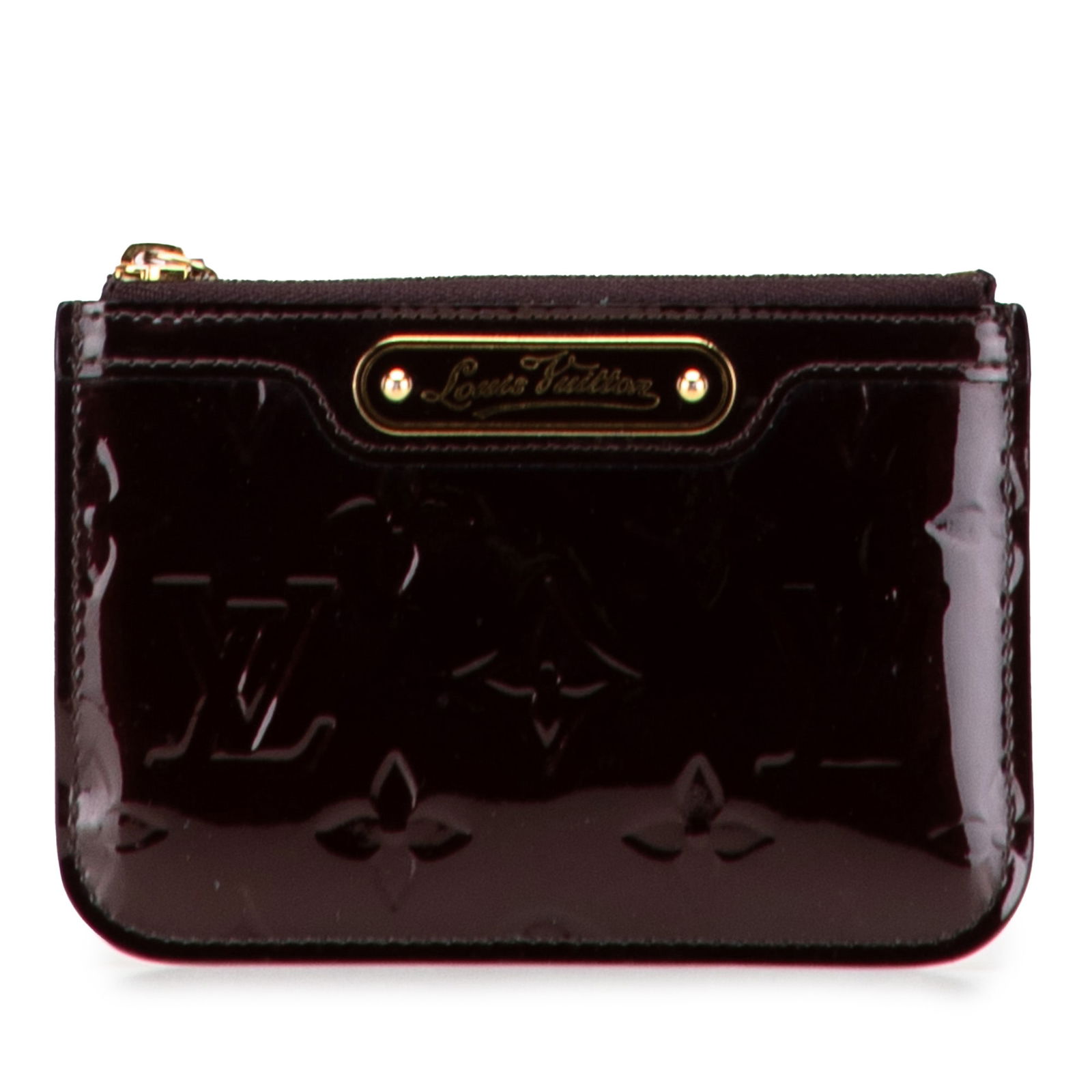 Louis Vuitton Monogram Vernis Purple Key Pouch with Gold Clasp: Louis Vuitton Monogram Vernis Purple Key Pouch with Gold Clasp This Louis Vuitton Monogram Vernis Key Pouch showcases a striking purple leather body adorned with the iconic monogram pattern. It featur