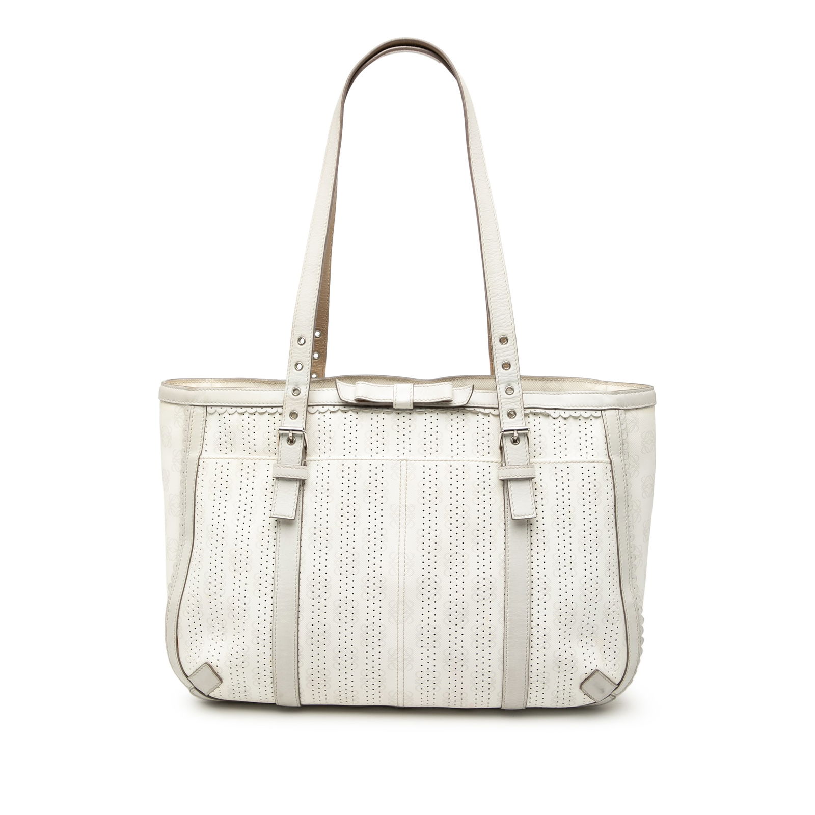 Loewe Anagram White Perforated Canvas Tote Bag with Leather Trim: Loewe Anagram White Perforated Canvas Tote Bag with Leather Trim This LOEWE Anagram Perforated Coated Canvas Tote features a perforated coated canvas body with leather trim, flat leather handles, a to