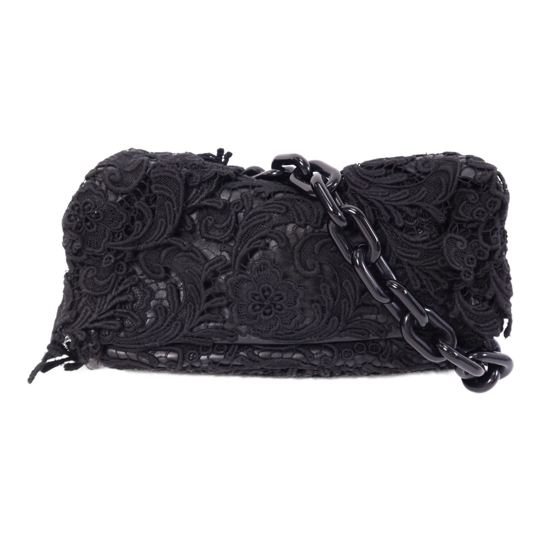 Prada Black Lambskin and Guipure Lace Italian Shoulder Bag: Prada Black Lambskin and Guipure Lace Italian Shoulder Bag This Prada shoulder bag features a sophisticated design crafted from black guipure lace and lambskin leather. Made in Italy, it offers a refi
