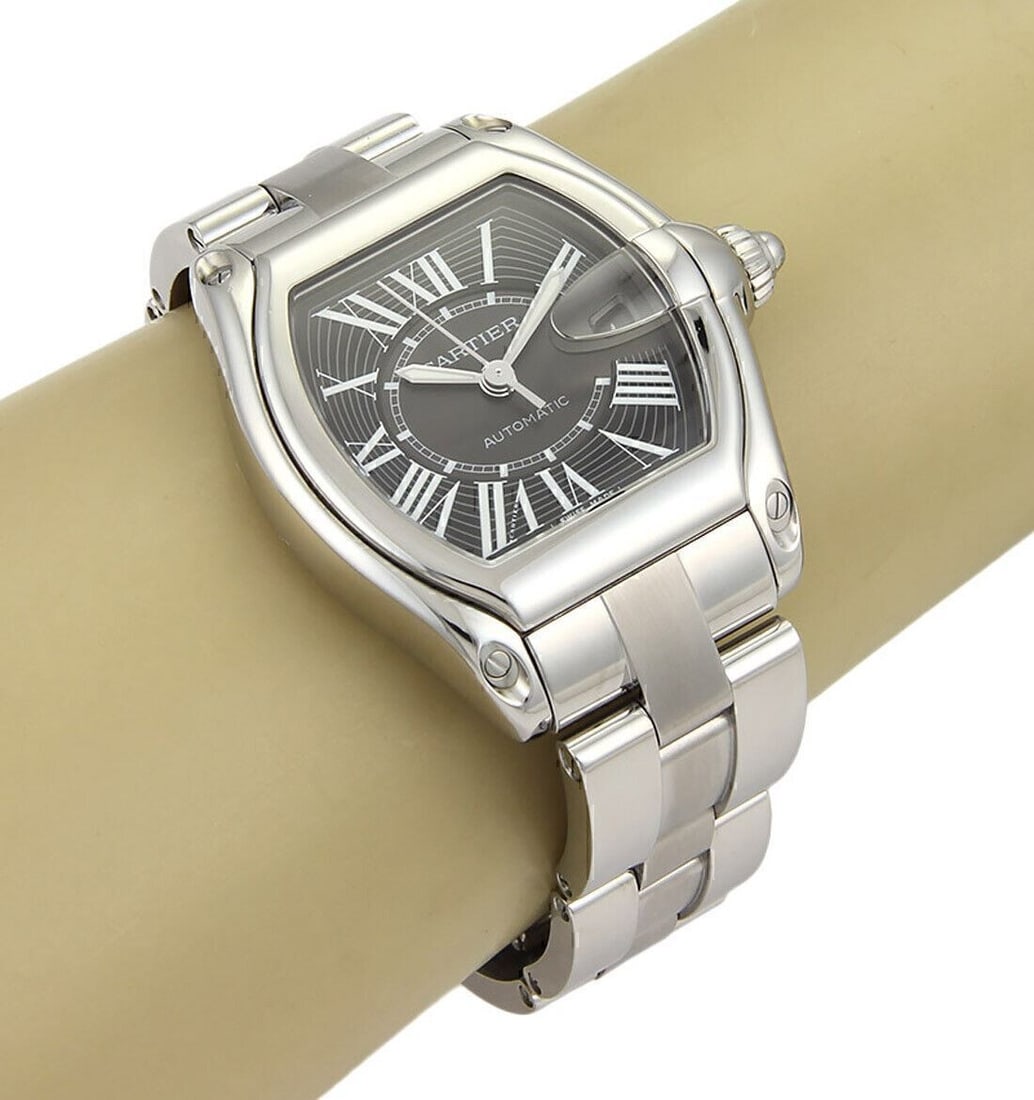 Men's Cartier Roadster Black Dial Automatic Watch Stainless Steel: Men's Cartier Roadster Black Dial Automatic Watch Stainless Steel The Cartier Roadster Automatic Stainless Steel Men's Wrist Watch features an asymmetrical stainless steel case and band, paired with a