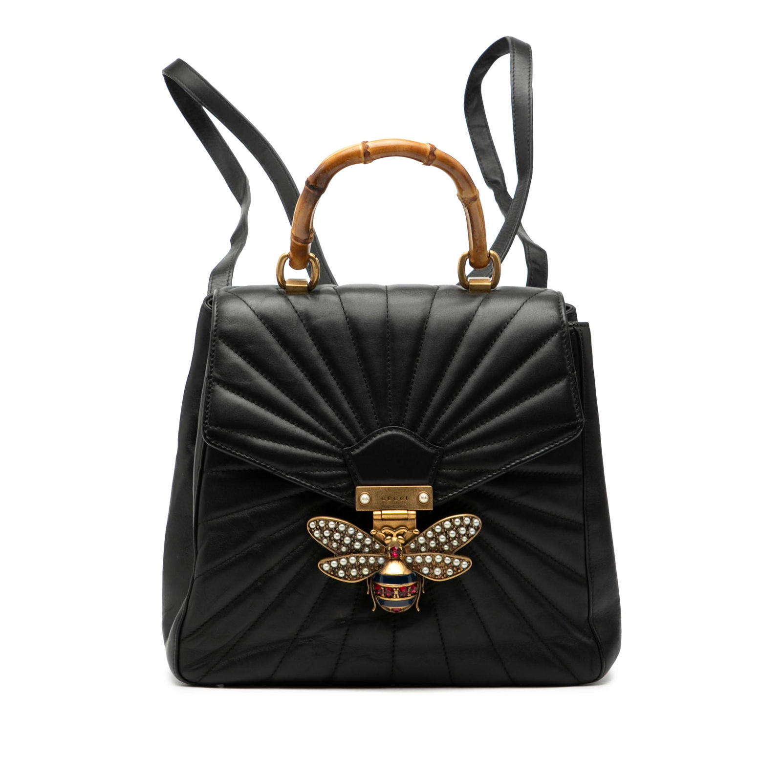 Gucci Queen Margaret Calfskin Leather Backpack with Bamboo Handle: Gucci Queen Margaret Calfskin Leather Backpack with Bamboo Handle This Gucci Queen Margaret backpack is crafted from black leather and features a distinctive bamboo top handle, adjustable flat leather