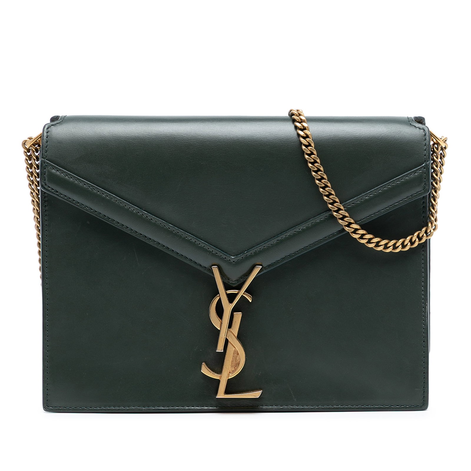 Saint Laurent Cassandra Green Leather Bag with YSL Monogram Clasp: Saint Laurent Cassandra Green Leather Bag with YSL Monogram Clasp This Saint Laurent Smooth Calfskin Monogram Cassandra Clasp Bag features a green leather body with a chain link strap, a front flap ac