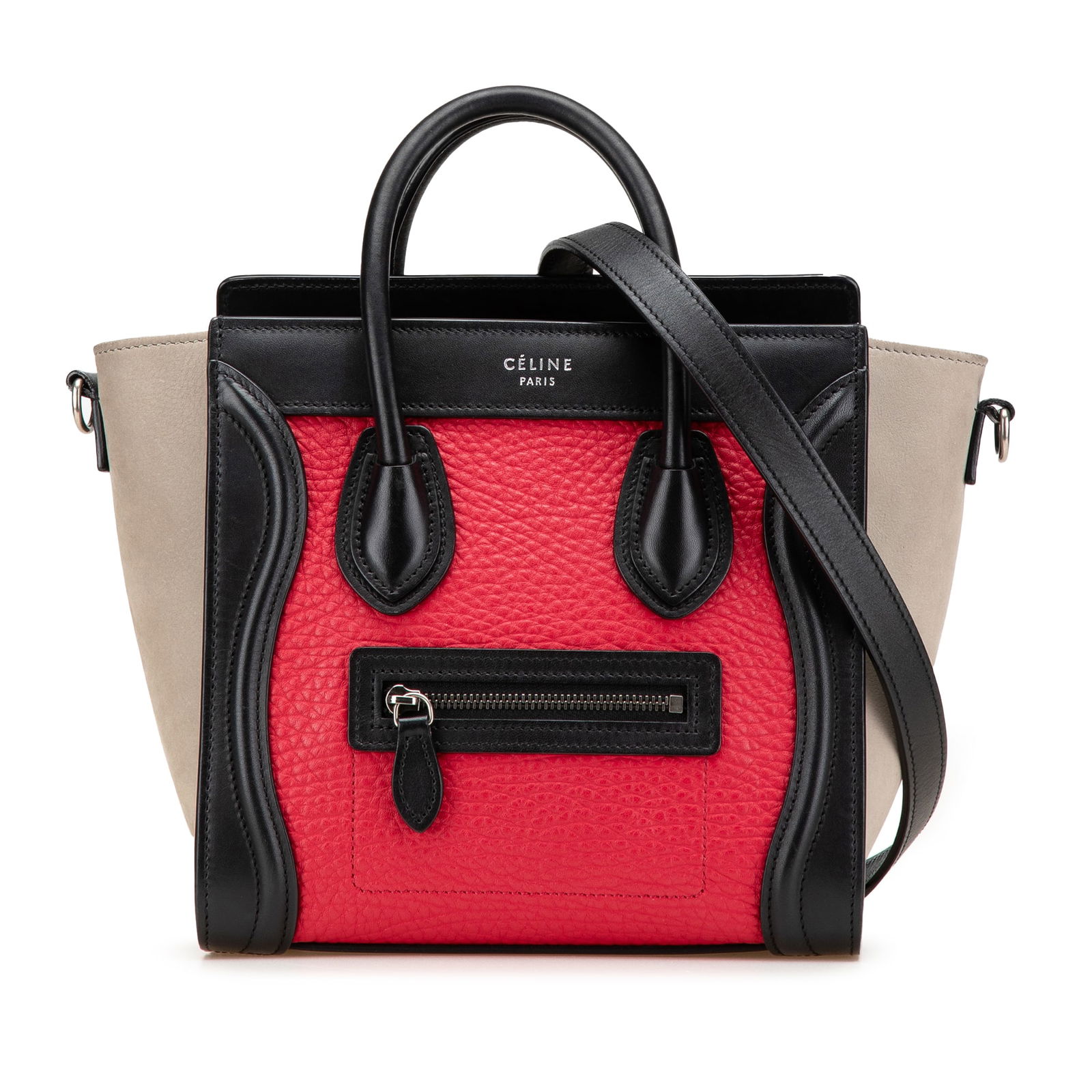 Celine Nano Tricolor Leather Luggage Tote Red Italy: Celine Nano Tricolor Leather Luggage Tote Red Italy The Celine Nano Tricolor Luggage Tote is a sophisticated blend of calfskin and nubuck leather, showcasing a stylish red hue. This compact yet spacio