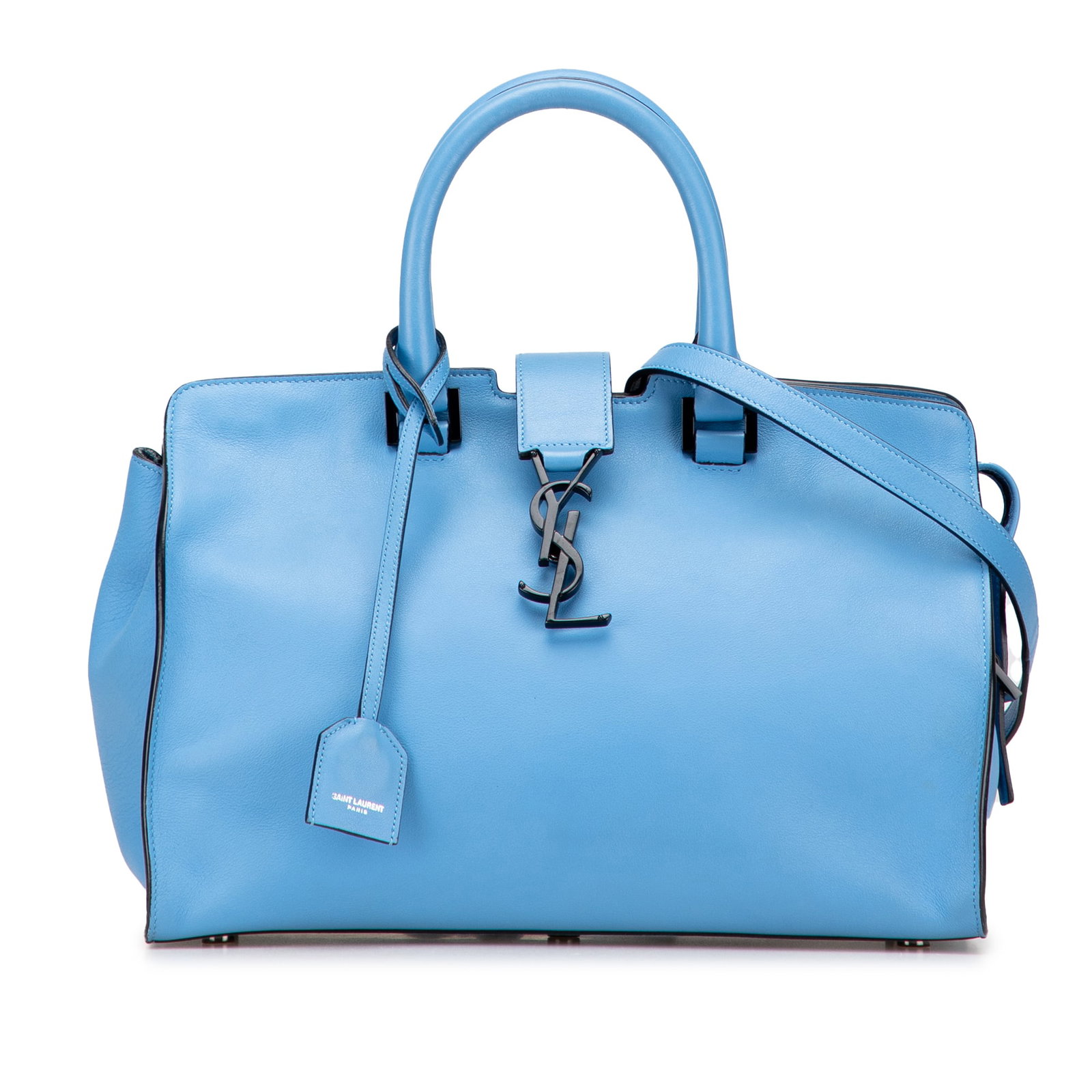 Saint Laurent Blue Leather Small Monogram Cabas Satchel: Saint Laurent Blue Leather Small Monogram Cabas Satchel The Saint Laurent Small Leather Monogram Cabas Satchel is a sophisticated accessory crafted from high-quality leather. This stylish satchel feat