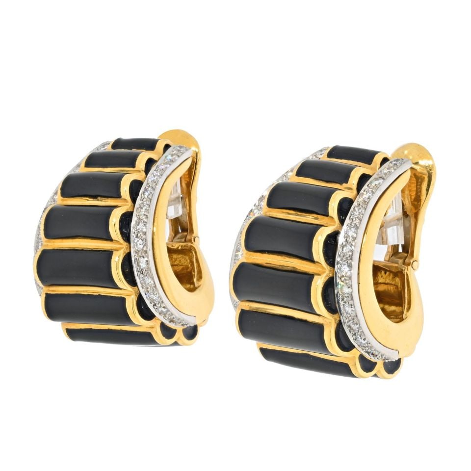 David Webb Platinum 18K Gold Black Enamel Diamond Clip Earrings: David Webb Platinum 18K Gold Black Enamel Diamond Clip Earrings Introducing the exquisite David Webb Platinum & 18K Yellow Gold Black Enamel Diamond Fluted Shrimp Style Clip Earrings. Crafted with a s
