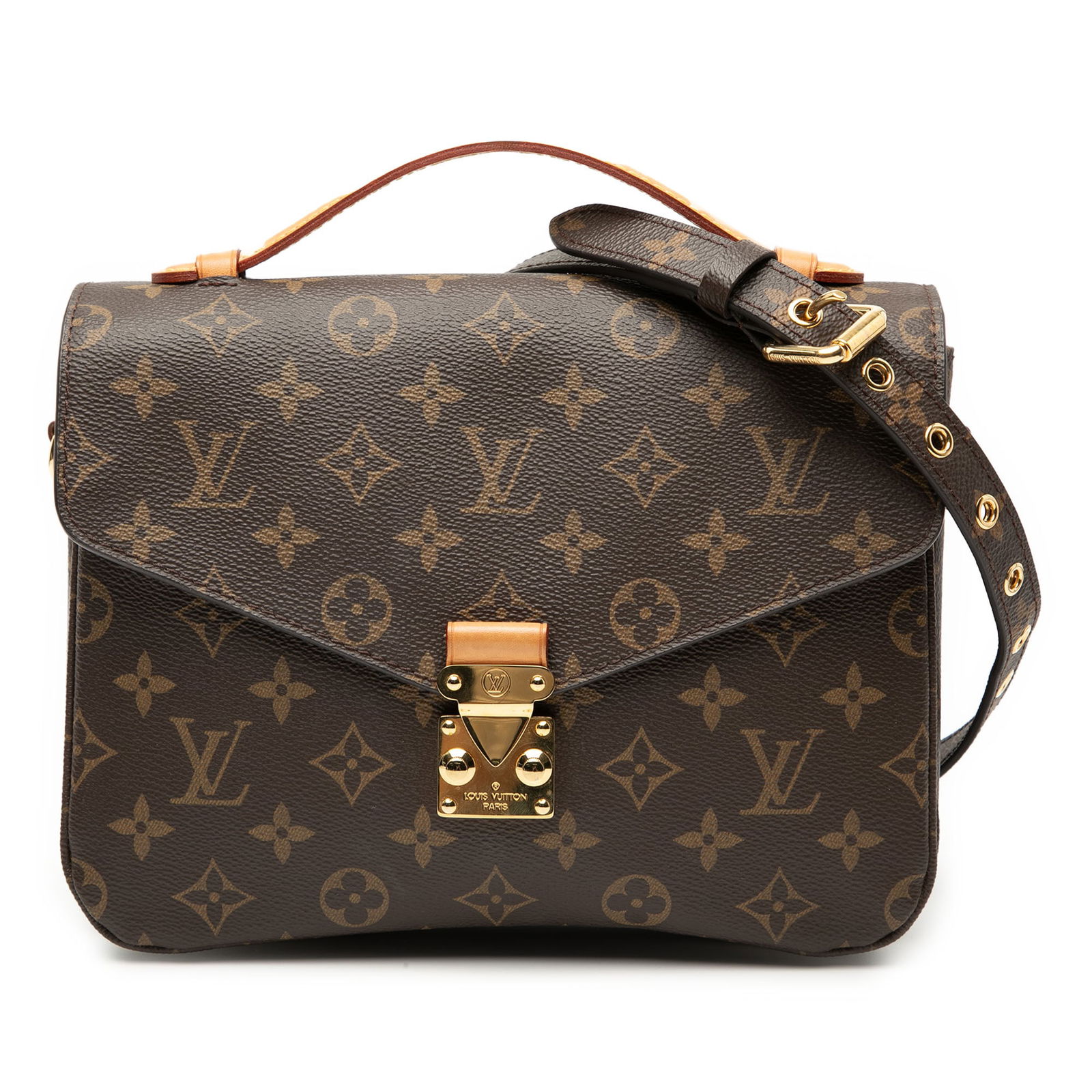 Pochette Metis Bag in Monogram Canvas with Shoulder Strap by Louis Vuitton: Pochette Metis Bag in Monogram Canvas with Shoulder Strap by Louis Vuitton This Louis Vuitton Monogram Pochette Metis features the iconic monogram canvas body, complemented by a flat vachetta leather