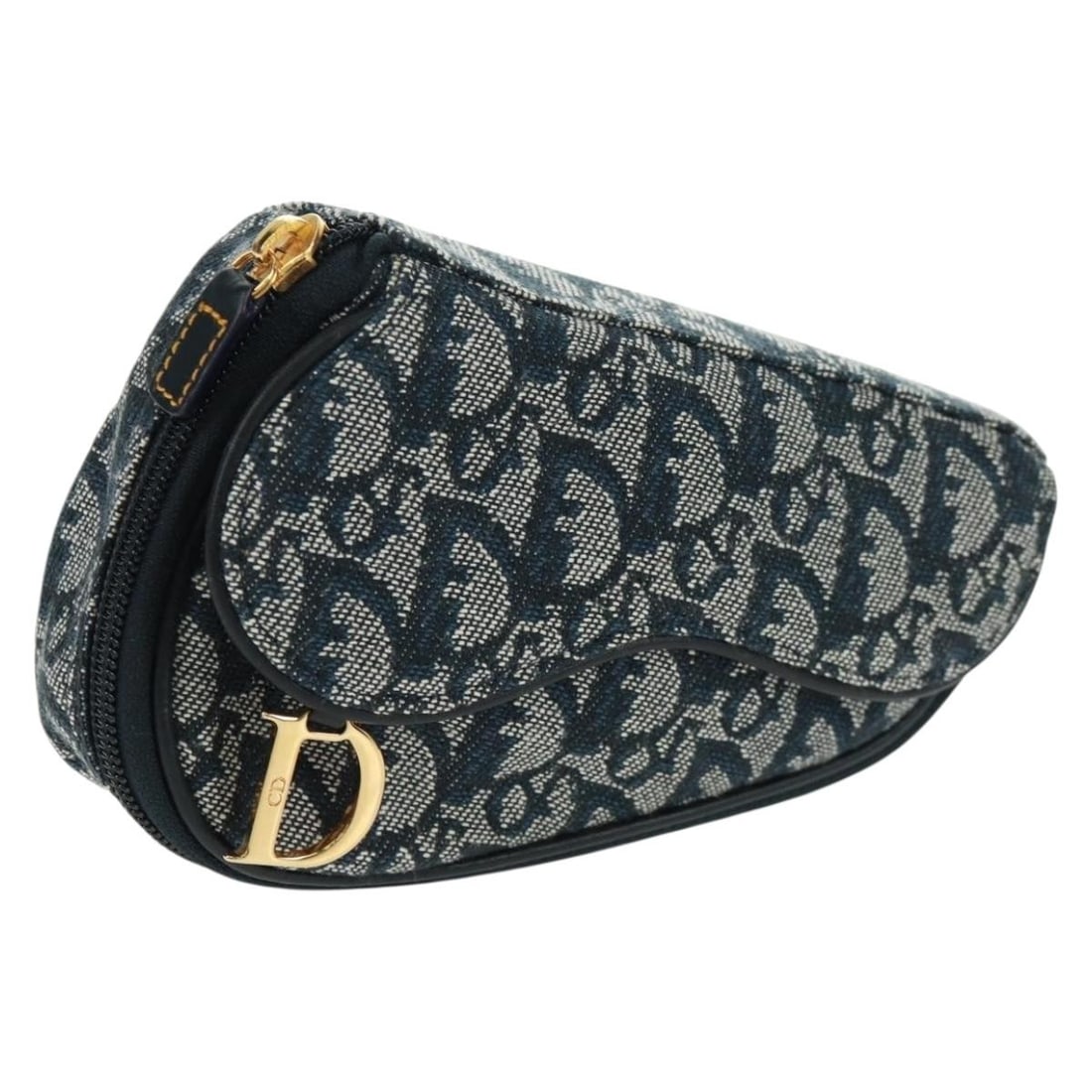 Navy Gold Trotter Canvas Saddle Pouch by Christian Dior with Dust Bag: Navy Gold Trotter Canvas Saddle Pouch by Christian Dior with Dust Bag This Christian Dior pouch features the iconic Trotter canvas in navy and gold tones. Crafted in Spain, it is designed in a compact