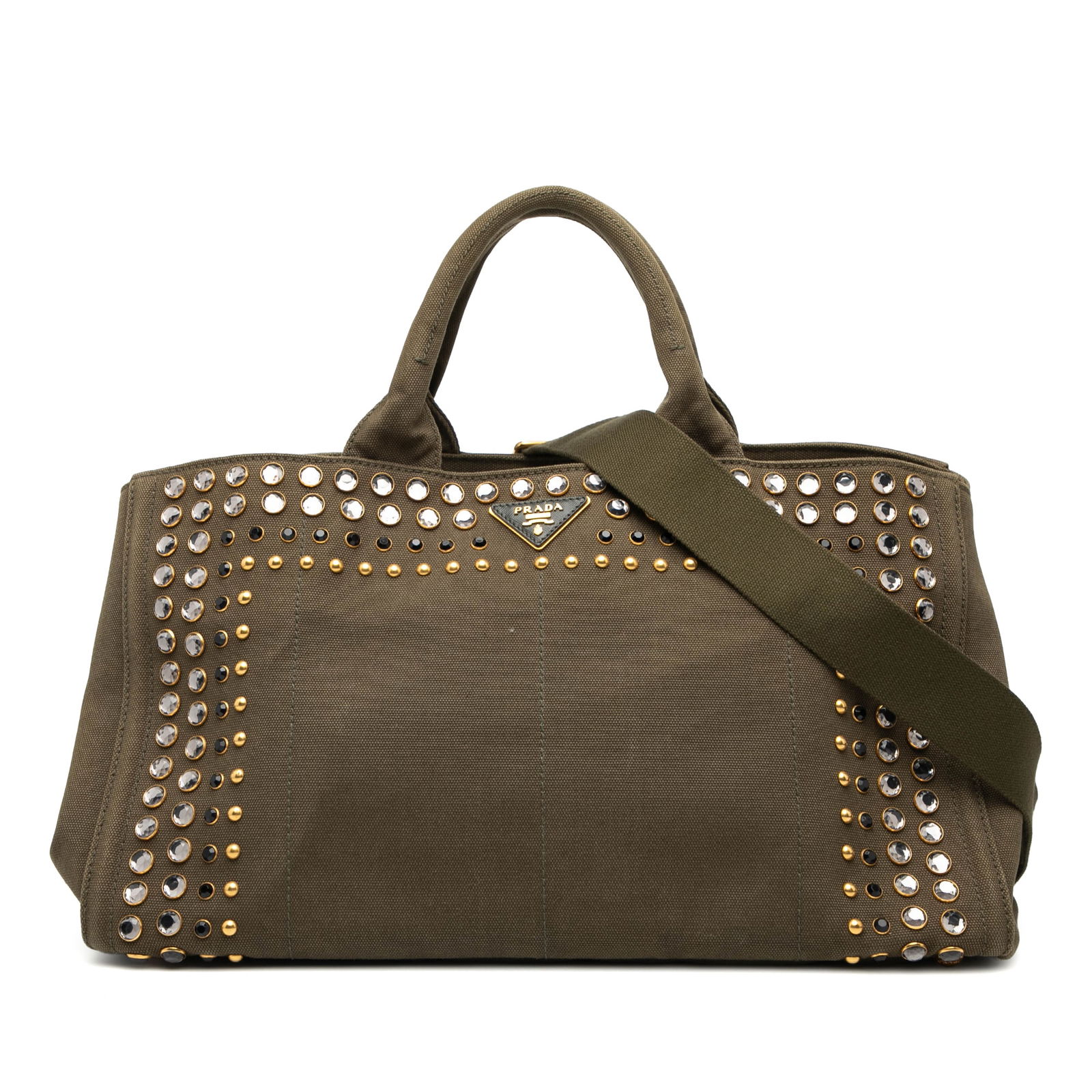 Prada Canapa Bijoux Green Canvas Studded Large Satchel with Detachable Strap: Prada Canapa Bijoux Green Canvas Studded Large Satchel with Detachable Strap This Prada Large Canvas Canapa Bijoux Satchel features a studded green canvas body with rolled top handles and a detachable