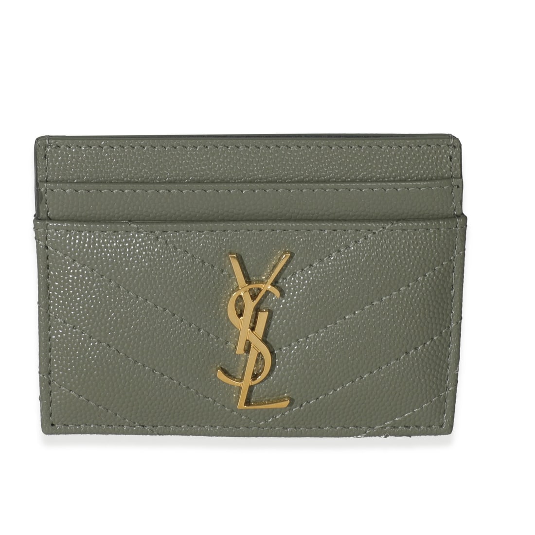 Saint Laurent Cassandre Leather Card Holder in Light Green: Saint Laurent Cassandre Leather Card Holder in Light Green This Saint Laurent Cassandre card case features a light green grain de poudre leather exterior with gold-tone hardware. The card case has an