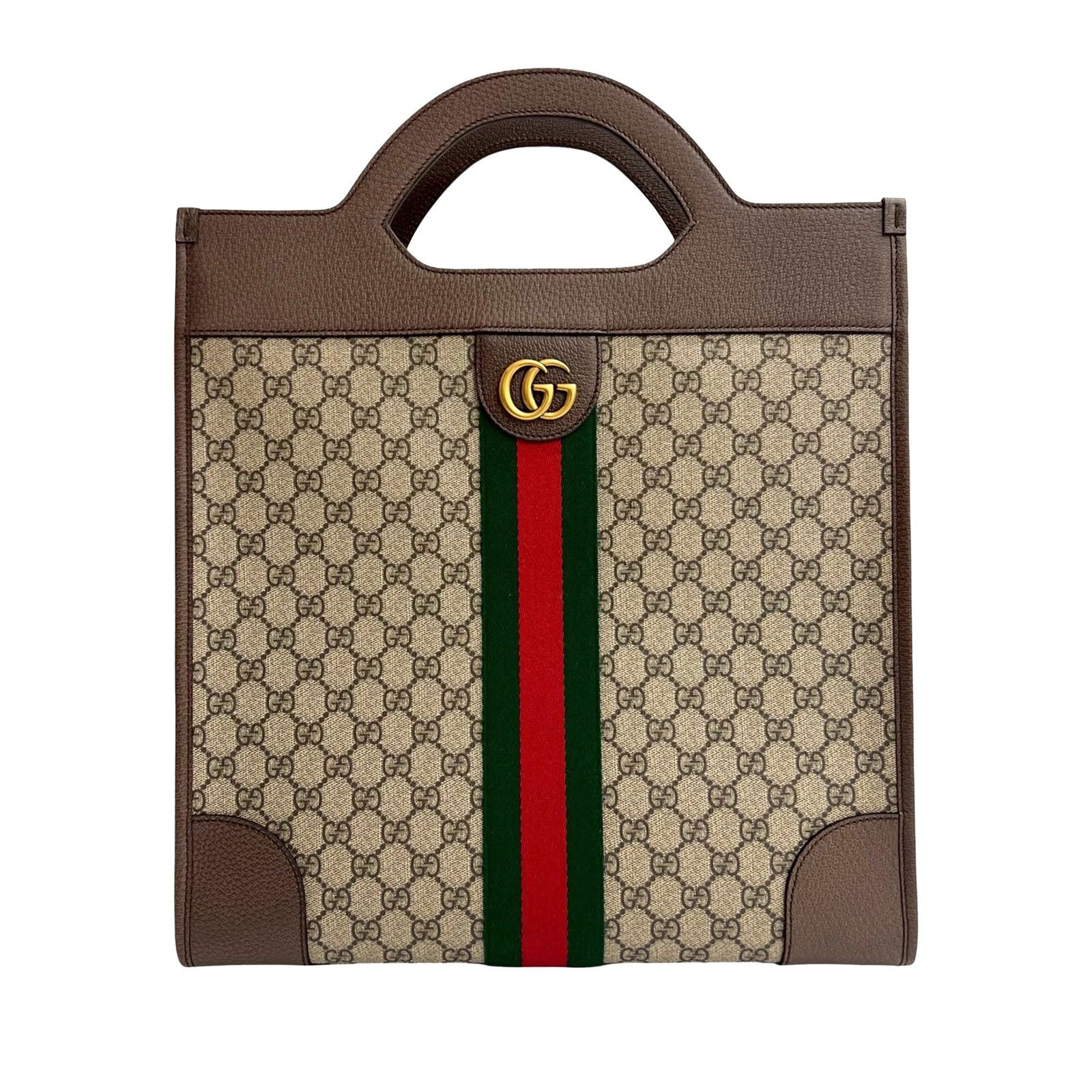 Gucci Ophidia Brown Canvas Vertical Tote with Leather Trim and Web Detail: Gucci Ophidia Brown Canvas Vertical Tote with Leather Trim and Web Detail This Gucci GG Supreme Ophidia Vertical Tote features a coated canvas body with leather trim and signature web detail. The desi