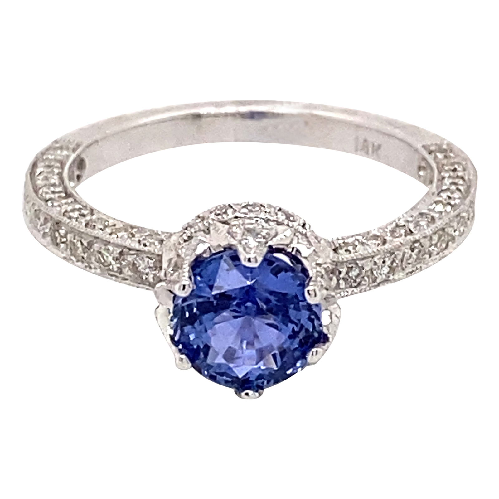 Stunning Art Deco 1.91ct Ceylon Sapphire Diamond Ring 18k White Gold: Stunning Art Deco 1.91ct Ceylon Sapphire Diamond Ring 18k White Gold This exquisite Art Deco style ring features a stunning 1.91 carat total gemstone weight, showcasing a center 1.22 carat round heat-