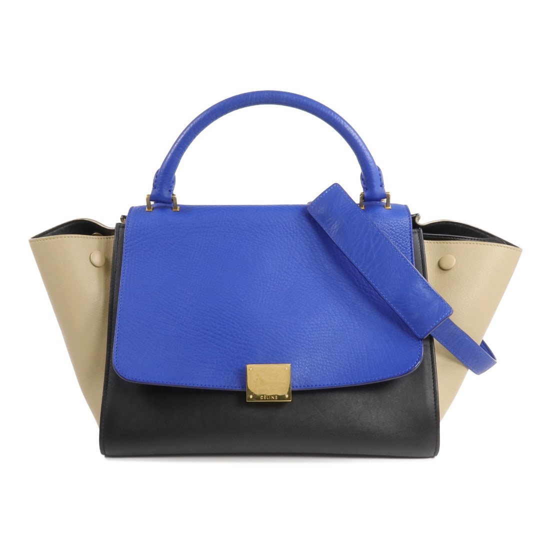 Celine Trapeze Blue Beige Black Calfskin Leather Shoulder Handbag with Gold Hardware: Celine Trapeze Blue Beige Black Calfskin Leather Shoulder Handbag with Gold Hardware This CELINE Trapeze 2-way shoulder bag is crafted from calfskin leather in a striking combination of blue, beige, a