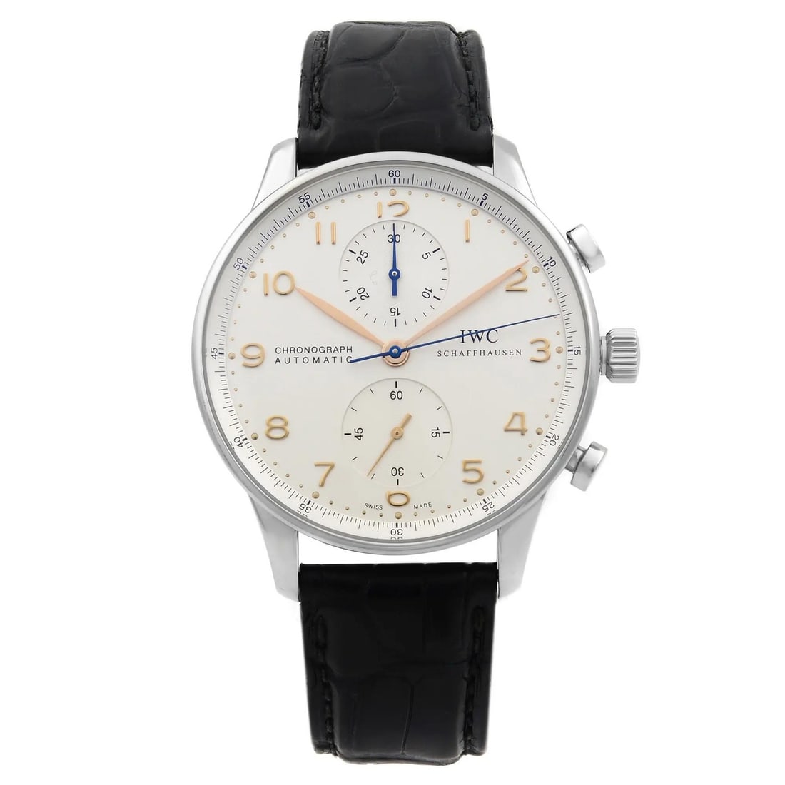 IWC Portugieser IW371604 Steel Automatic Watch with Silver Arabic Dial and Leather Strap: IWC Portugieser IW371604 Steel Automatic Watch with Silver Arabic Dial and Leather Strap This IWC Portugieser wristwatch features a silver analog dial with Arabic numerals and is powered by a self-win