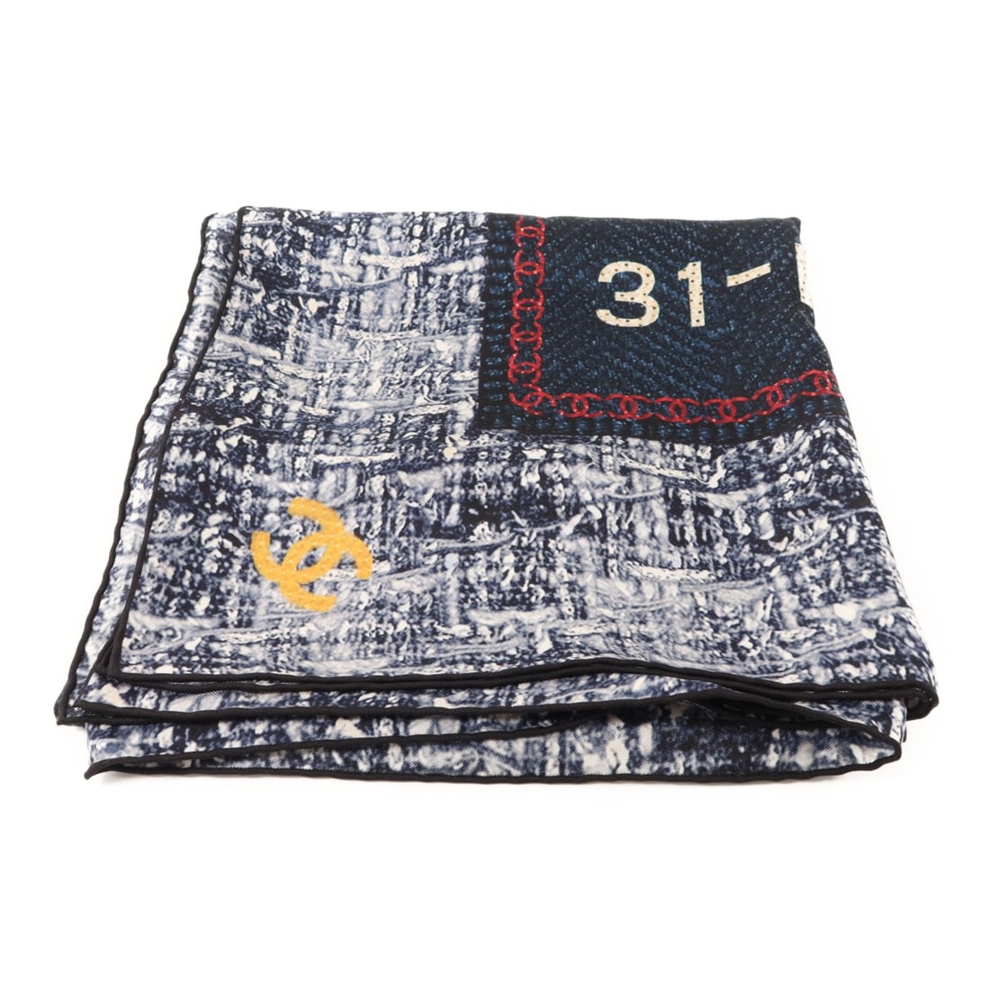 Silk Multicolor Tweed Scarf by CHANEL CC in Blue and Beige: Silk Multicolor Tweed Scarf by CHANEL CC in Blue and Beige This CHANEL scarf features the iconic CC motif in a dark blue, beige, and multicolor tweed design. Crafted from luxurious silk, it offers bot