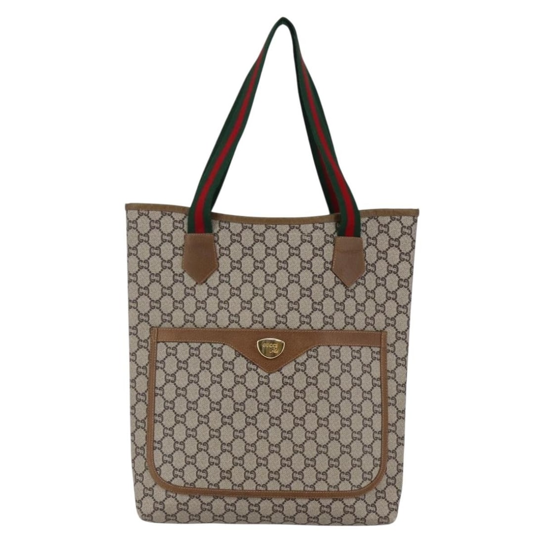 Beige Canvas Gucci Tote Vintage Web Strap Model 30cm x 38cm: Beige Canvas Gucci Tote Vintage Web Strap Model 30cm x 38cm This pre-owned Gucci Vintage Web Strap Tote features beige GG coated canvas and is designed for women. The bag shows signs of use, including