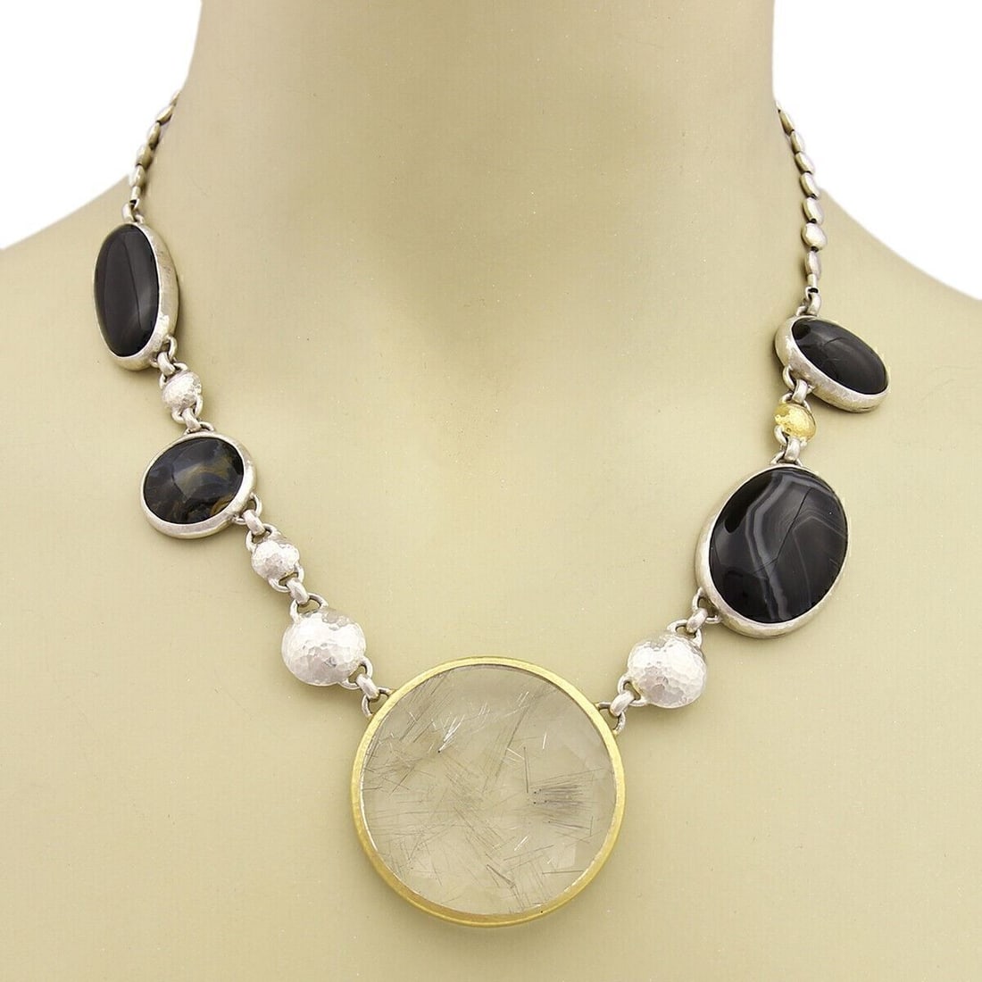 Sterling Silver Necklace with Rutilated Quartz and Obsidian by Gurhan Galapagos: Sterling Silver Necklace with Rutilated Quartz and Obsidian by Gurhan Galapagos This Gurhan "Galapagos" necklace is crafted from sterling silver with 24k layered gold accents and showcases cabochons o