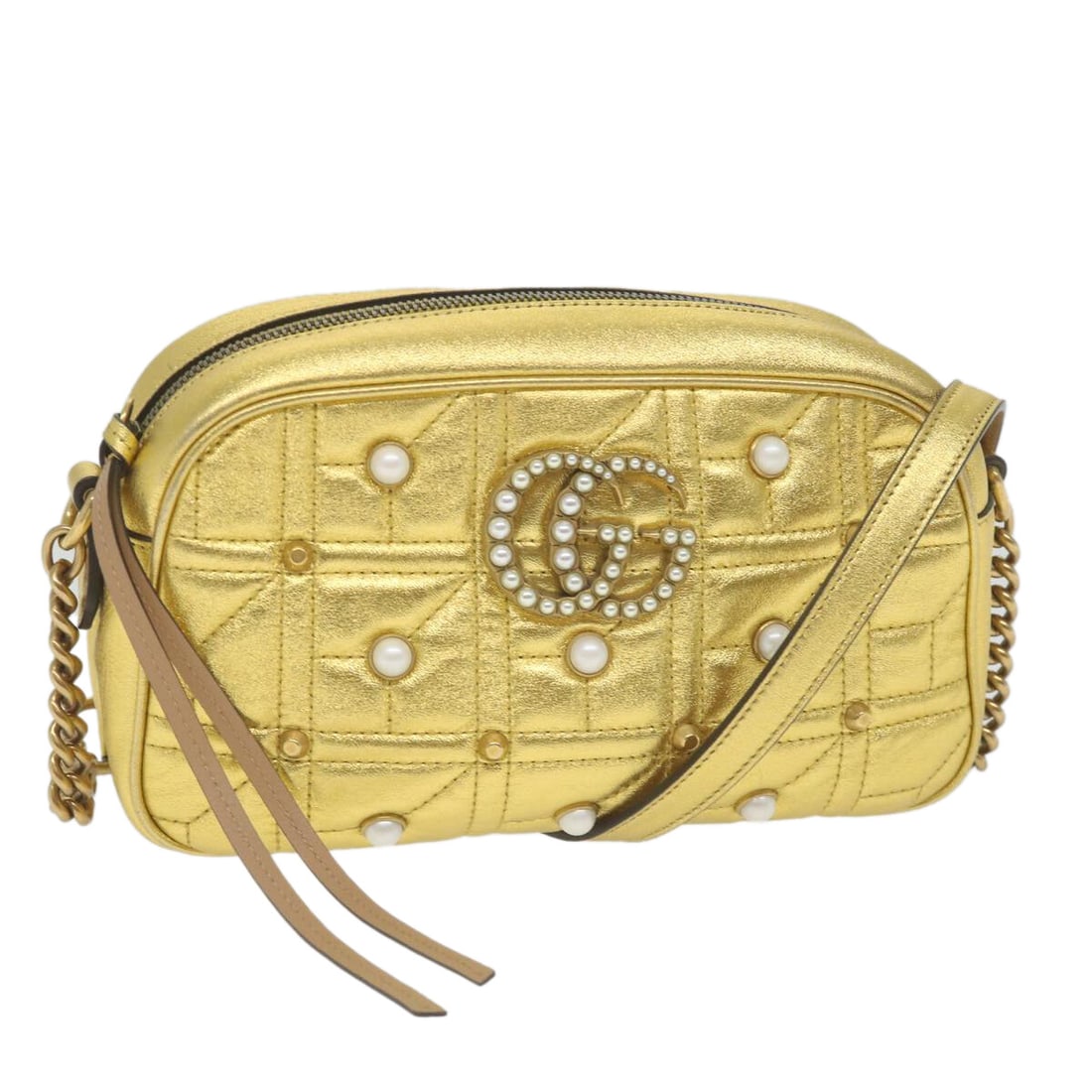 Gucci Marmont Pearly Embellished Gold Leather Matelasse Shoulder Bag: Gucci Marmont Pearly Embellished Gold Leather Matelasse Shoulder Bag The Gucci Pearly GG Marmont Shoulder Bag features embellished matelasse leather in a gold color, designed for women. This Italian-m