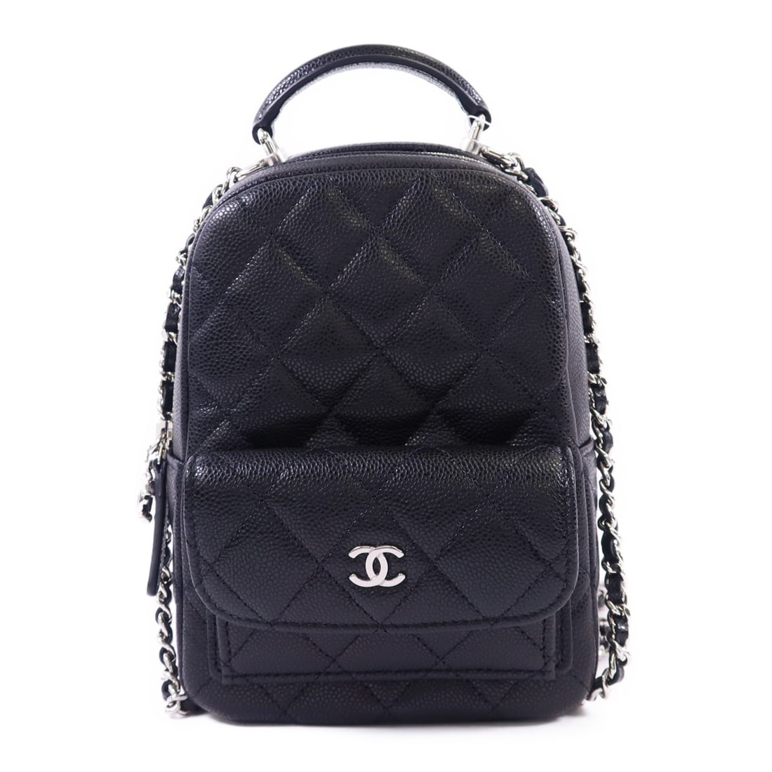 Chanel Mini Black Calfskin CC Backpack AP3753 with Silver Hardware: Chanel Mini Black Calfskin CC Backpack AP3753 with Silver Hardware This CHANEL mini rucksack backpack is crafted from black calfskin leather and features silver-tone CC hardware. The compact design of
