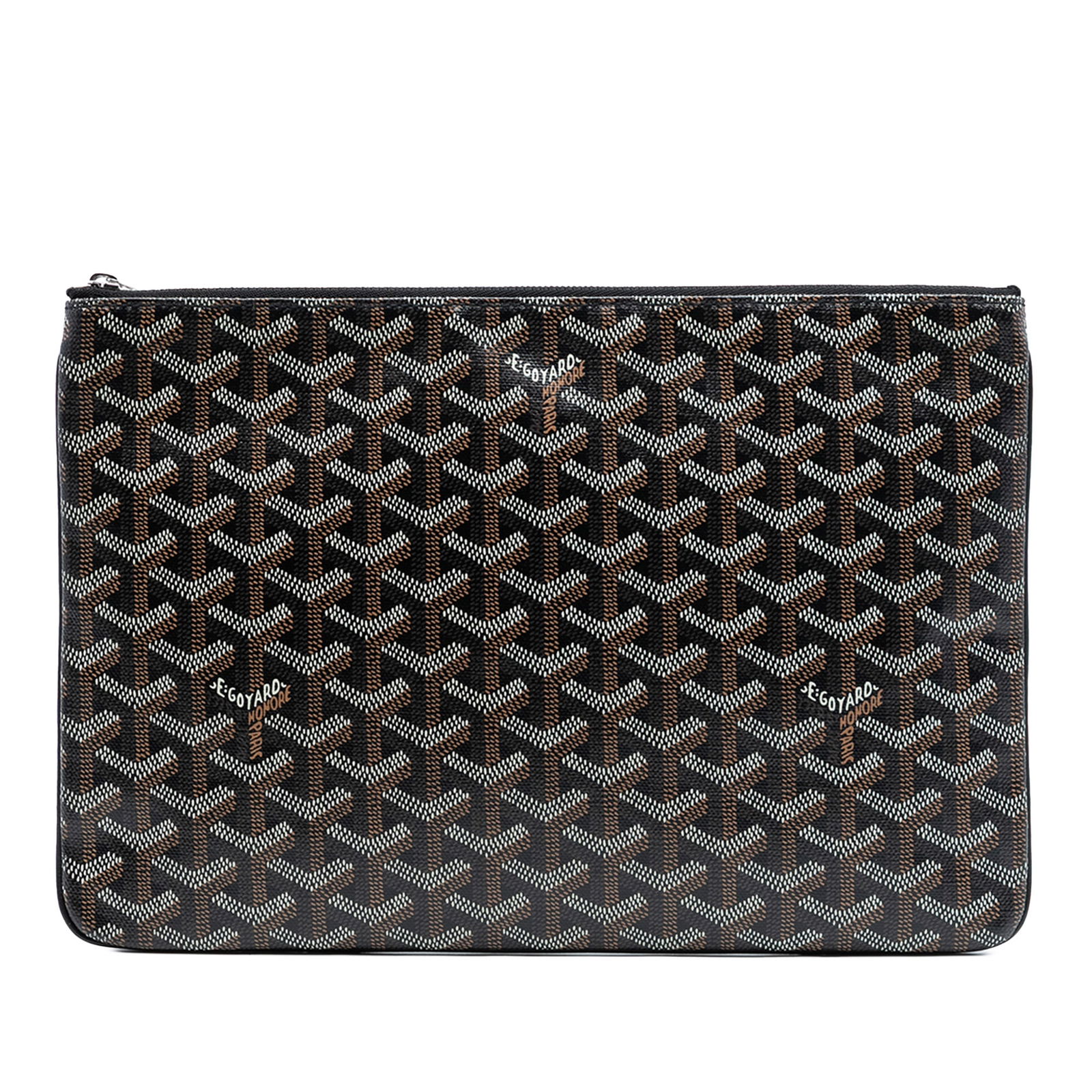 Goyard Goyardine Senat MM Black Coated Canvas Zip Pouch: Goyard Goyardine Senat MM Black Coated Canvas Zip Pouch The Goyardine Senat MM features a coated canvas body with a top zip closure and an interior slip pocket. Presented in a classic black color, thi