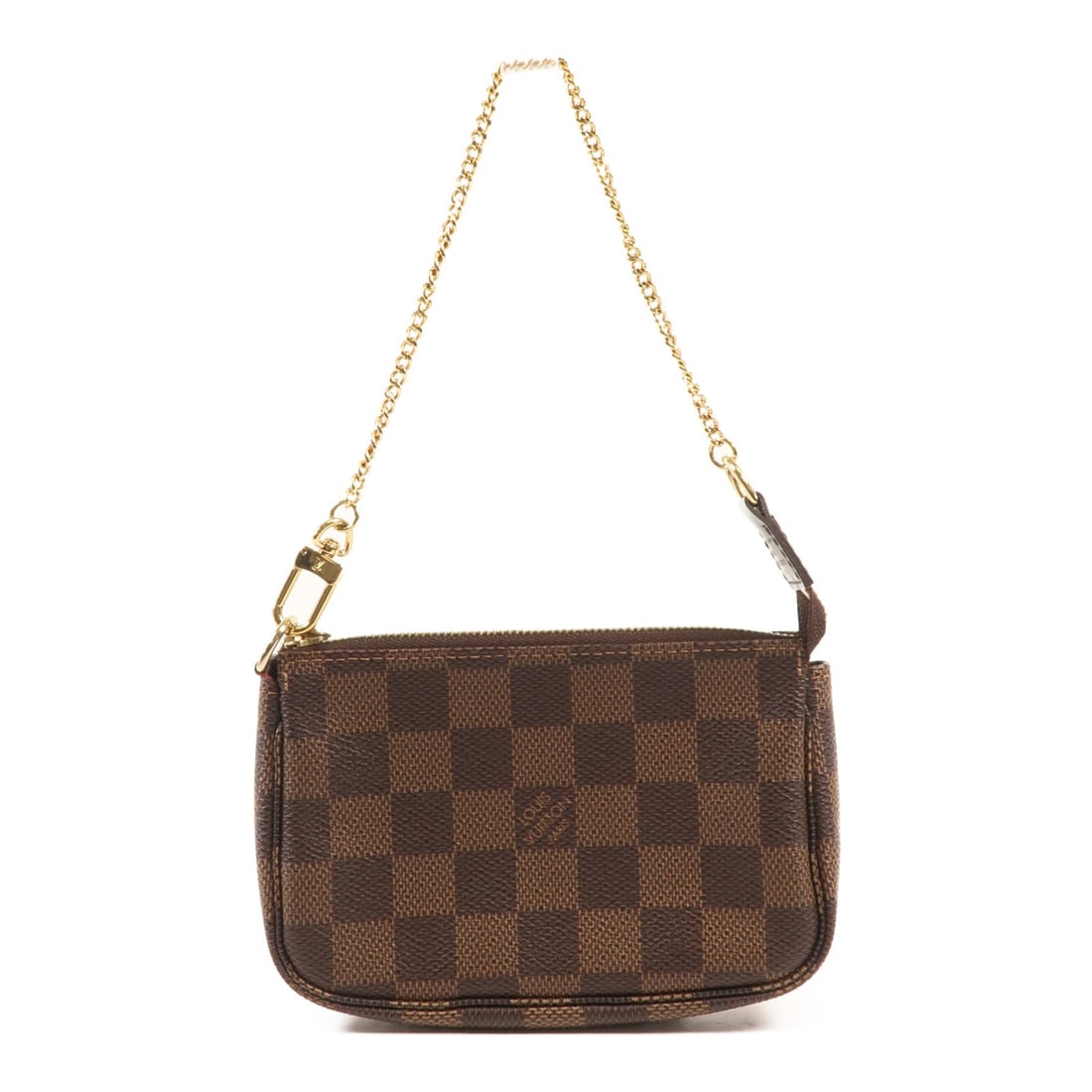 LOUIS VUITTON Damier Mini Pochette Handbag N58009 Black: LOUIS VUITTON Damier Mini Pochette Handbag N58009 Black The Louis Vuitton Damier Mini Pochette Handbag is a chic accessory pouch designed for versatile use. Crafted from PVC coated canvas, it showcase