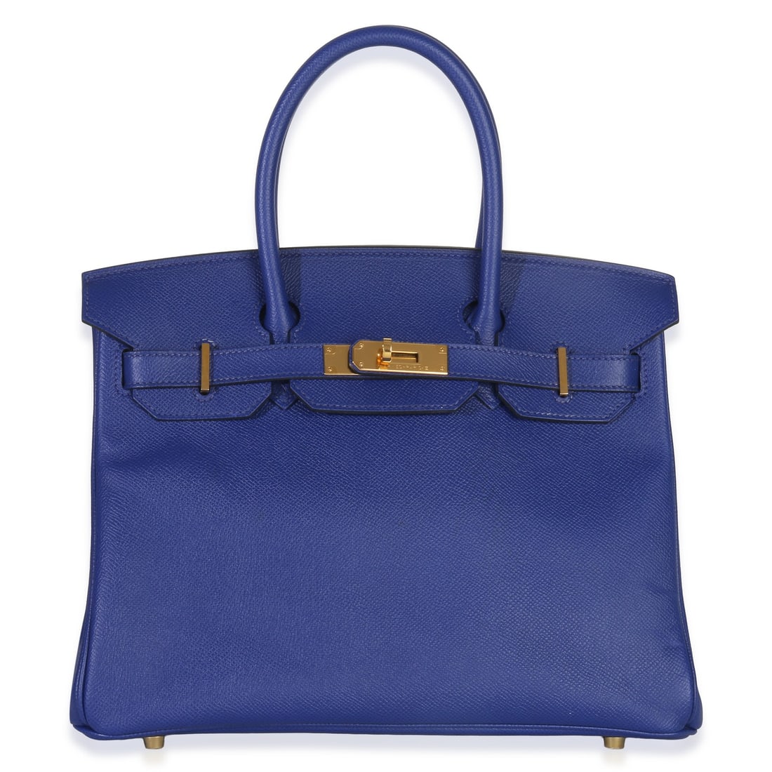 Birkin 30 Top Handle Leather Bag in Blue with Gold Tone Hardware: Birkin 30 Top Handle Leather Bag in Blue with Gold Tone Hardware This Hermes Birkin 30 features Bleu Electrique Epsom leather with a structured silhouette, gold-tone hardware, and a classic turnlock c