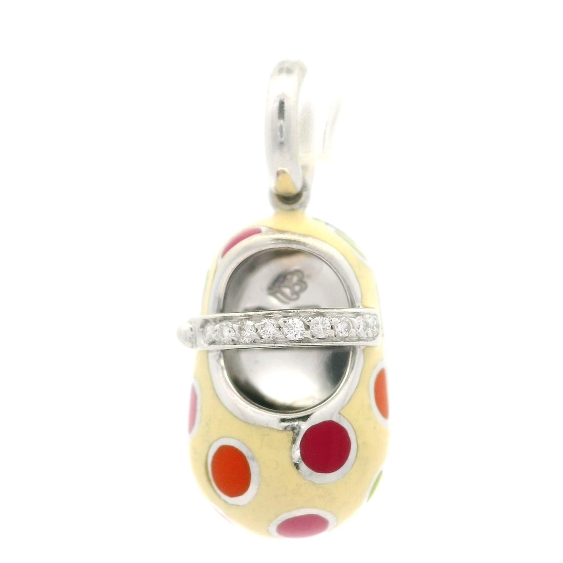 Aaron Basha 18k White Gold Diamond Enamel Loafer Shoe Pendant: Aaron Basha 18k White Gold Diamond Enamel Loafer Shoe Pendant This exquisite pendant features a charming loafer shoe design crafted from 18k solid white gold, accented with vibrant creamy, pink, orang