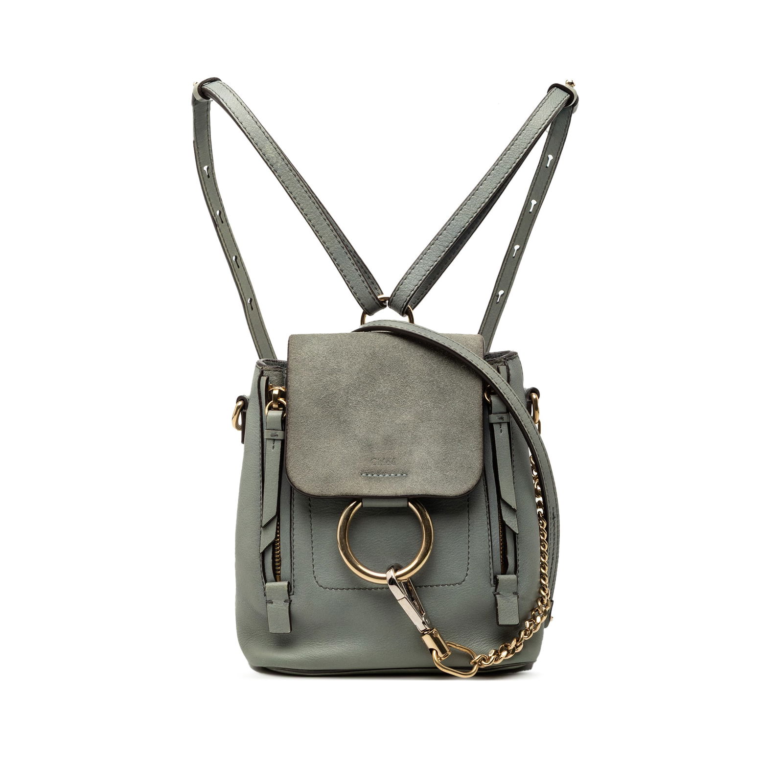 Mini Faye Backpack in Blue Leather and Suede by Chloe: Mini Faye Backpack in Blue Leather and Suede by Chloe This Chloe Mini Faye backpack features a leather body with zip details, a suede front flap with a hook closure, adjustable flat back straps, a det