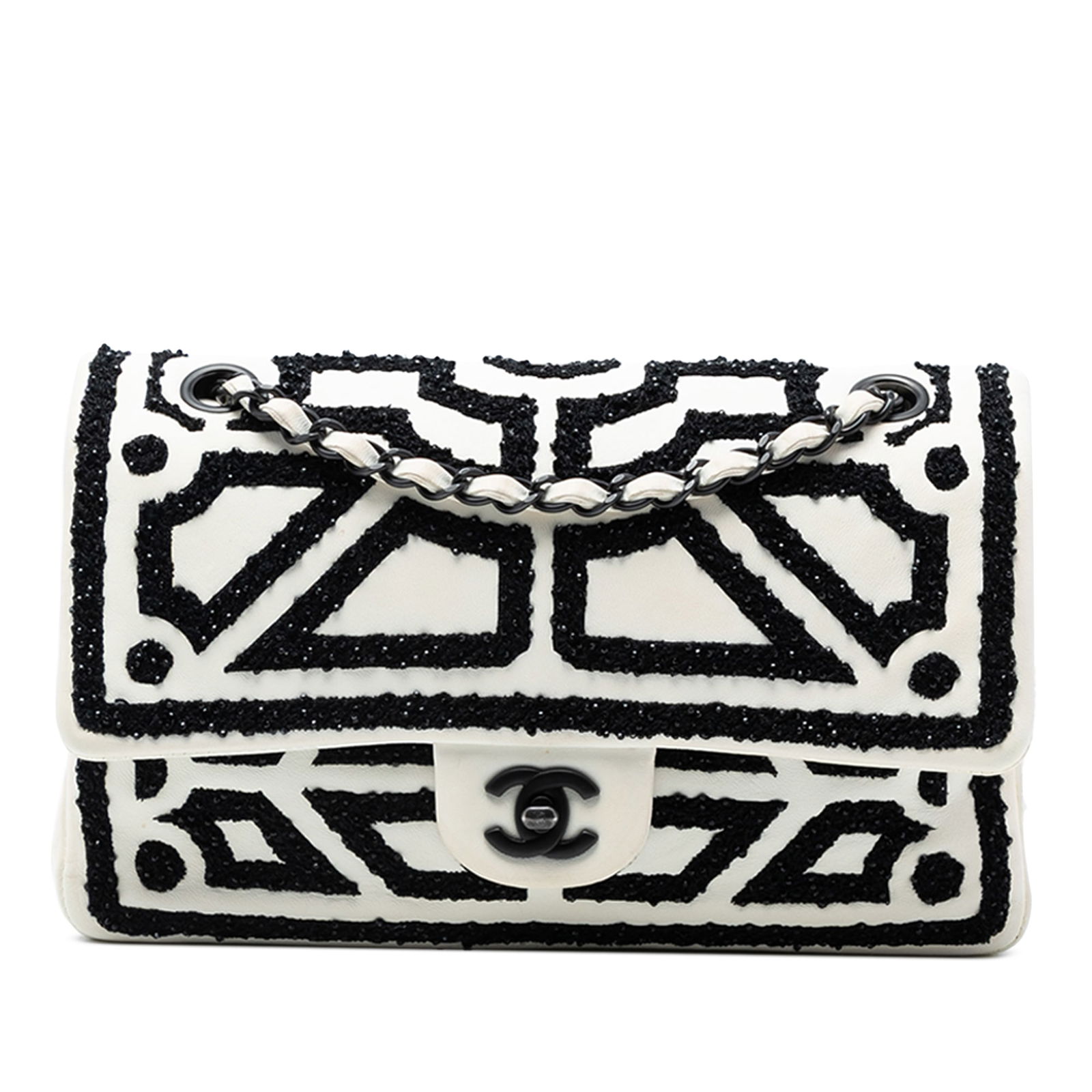 Chanel Garden of Versailles Embroidered Lambskin Medium Double Flap Shoulder Bag: Chanel Garden of Versailles Embroidered Lambskin Medium Double Flap Shoulder Bag This Chanel Medium Embroidered Lambskin Garden of Versailles Double Flap shoulder bag features a white embroidered lamb