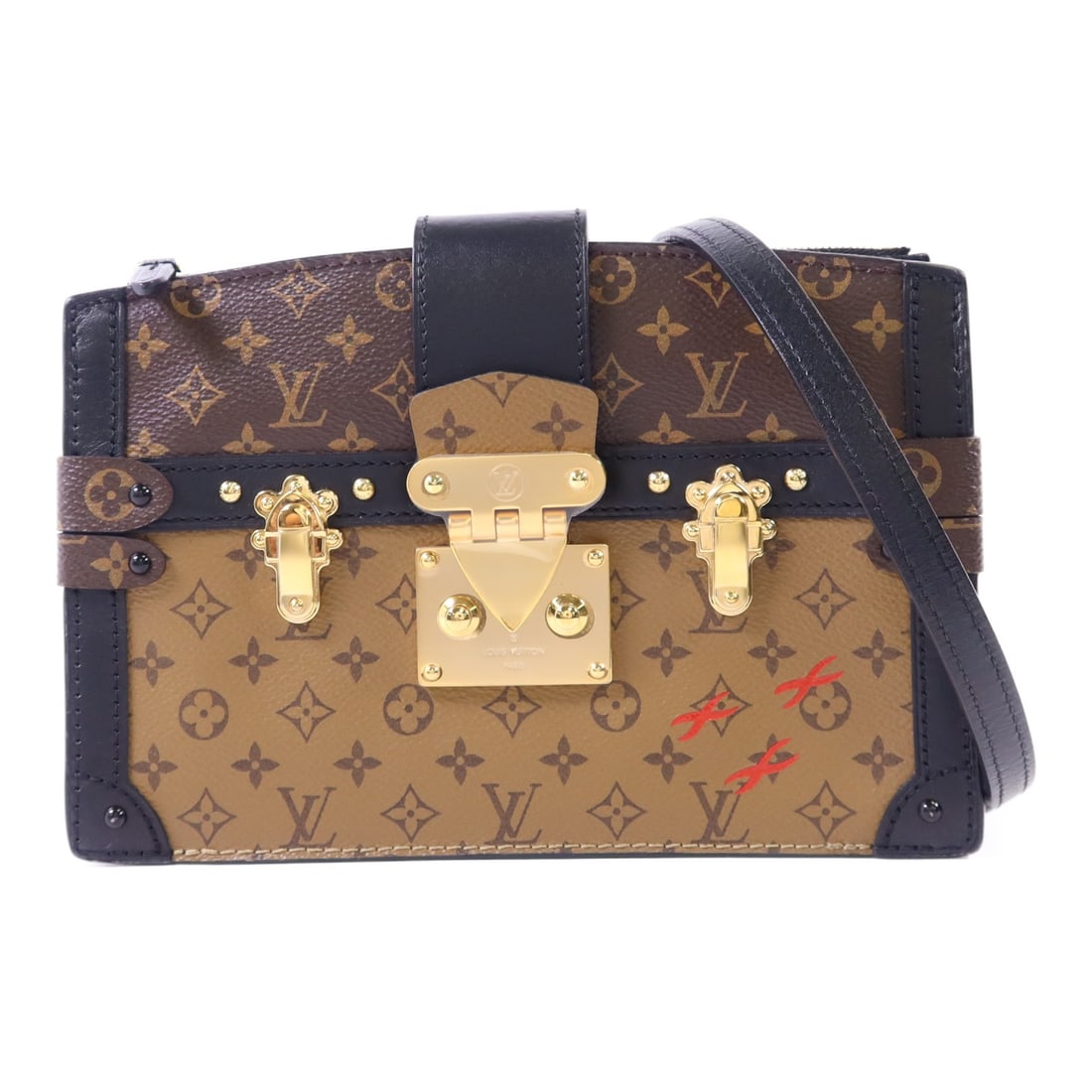 Louis Vuitton Trunk Clutch Shoulder Bag Monogram Reverse Brown M43596: Louis Vuitton Trunk Clutch Shoulder Bag Monogram Reverse Brown M43596 This Louis Vuitton Trunk Clutch Shoulder Bag features the iconic Monogram Reverse pattern in brown, crafted from PVC coated canvas