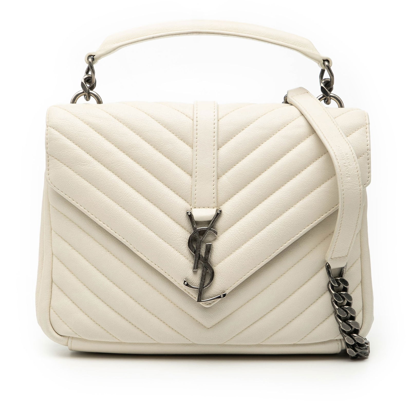 Saint Laurent College Quilted Leather Medium White Satchel with Chain Strap: Saint Laurent College Quilted Leather Medium White Satchel with Chain Strap This Saint Laurent Medium Chevron Sheepskin Monogram College Satchel features a quilted leather body with a classic chevron