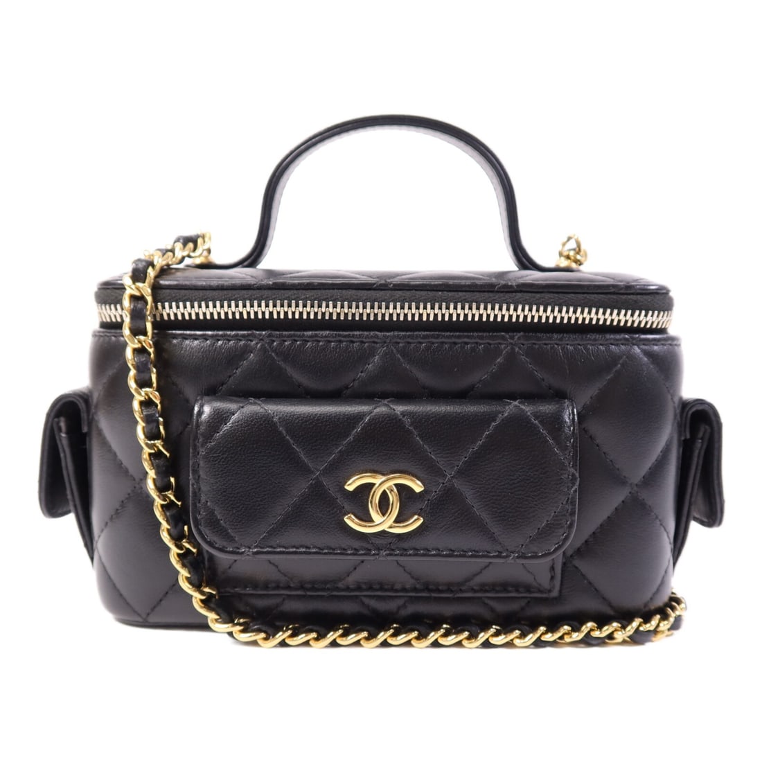 Black Lambskin 2 Way Vanity Bag Chanel CC Gold Hardware Chain: Black Lambskin 2 Way Vanity Bag Chanel CC Gold Hardware Chain This Chanel vanity case is crafted from black lambskin leather and features a versatile 2-way chain shoulder strap. The bag is finished wi