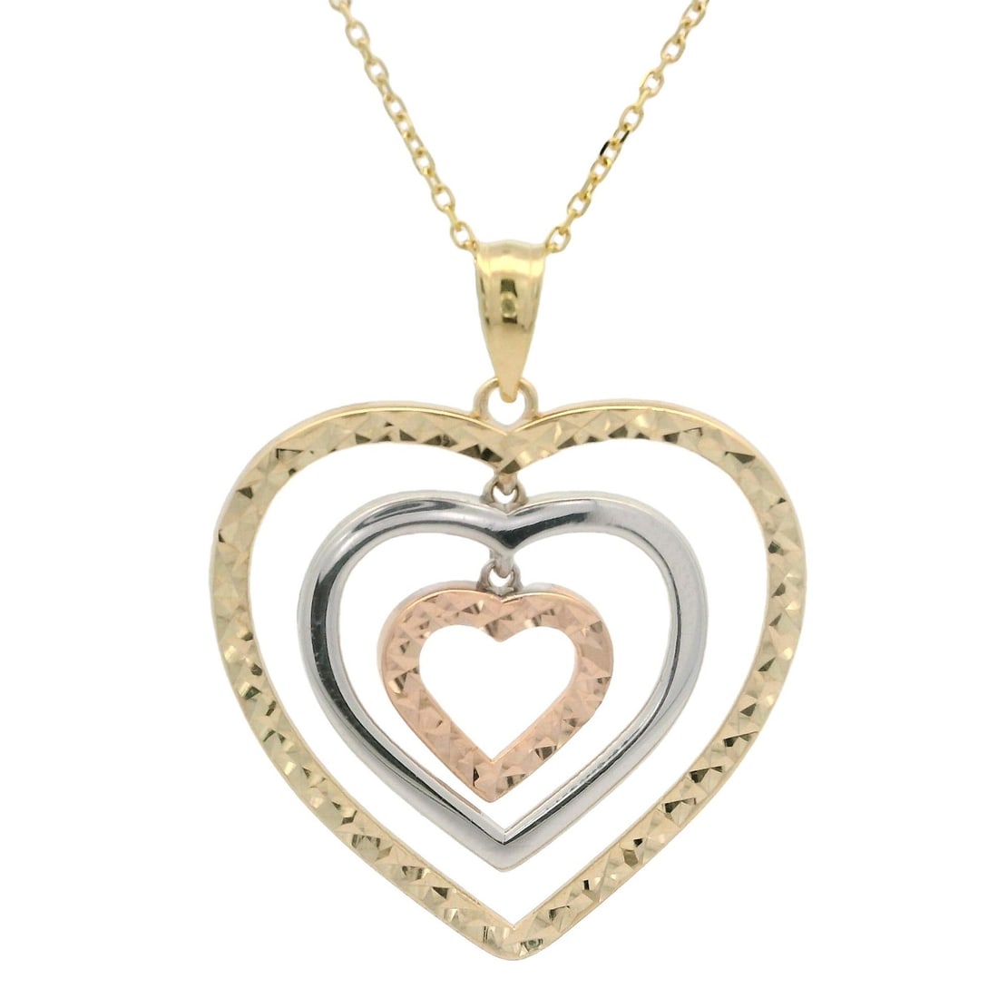 14k Yellow Gold Chain With 10k Tri Color Concentric Heart Dangle Pendant: 14k Yellow Gold Chain With 10k Tri Color Concentric Heart Dangle Pendant This necklace features a dangle pendant with open concentric heart designs, crafted from solid 10k yellow, rose, and white gold