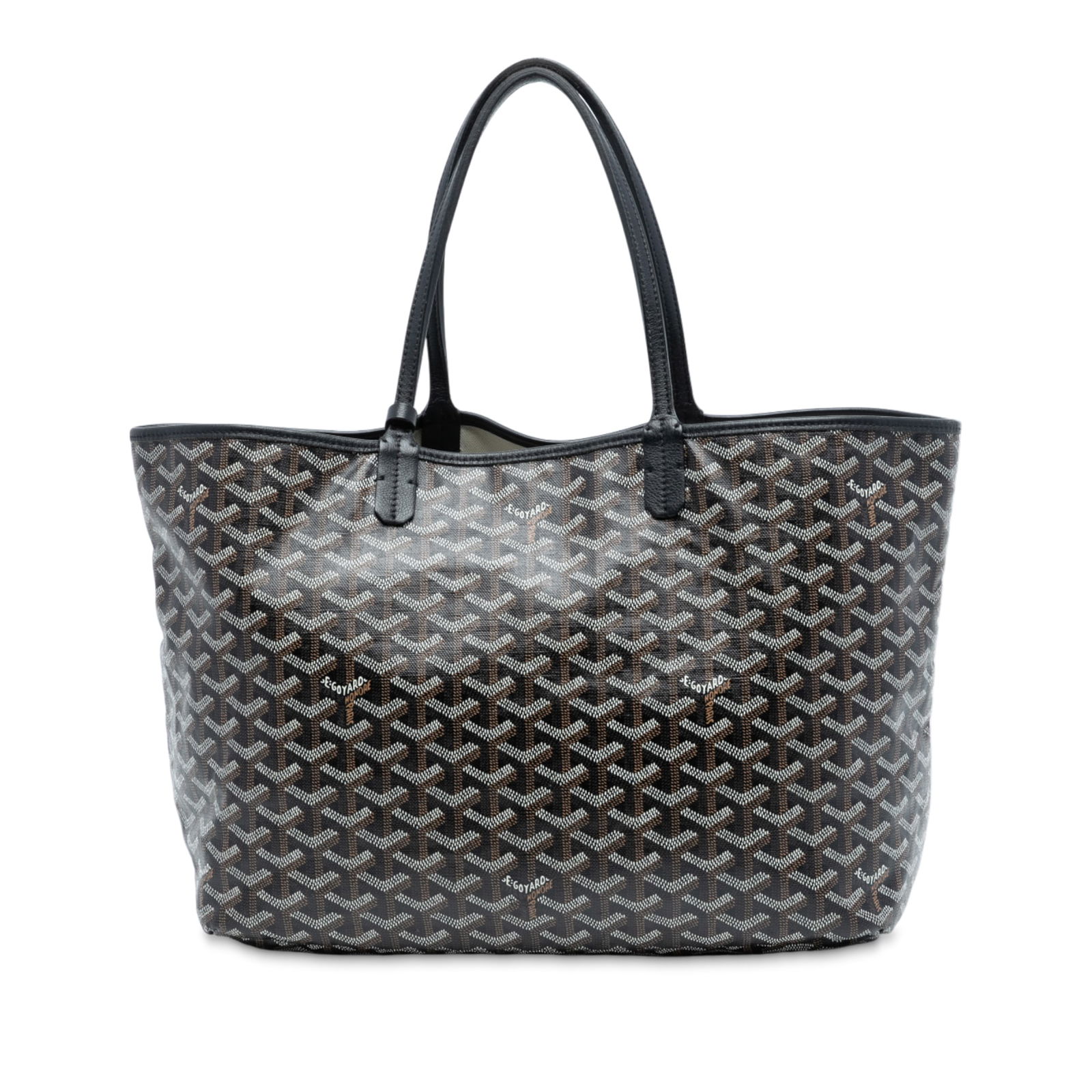 Goyard Saint Louis PM Tote with Detachable Pouch in Black Canvas: Goyard Saint Louis PM Tote with Detachable Pouch in Black Canvas The Saint Louis PM features a coated canvas body with flat leather handles and an open top design. It includes a detachable flap pouch