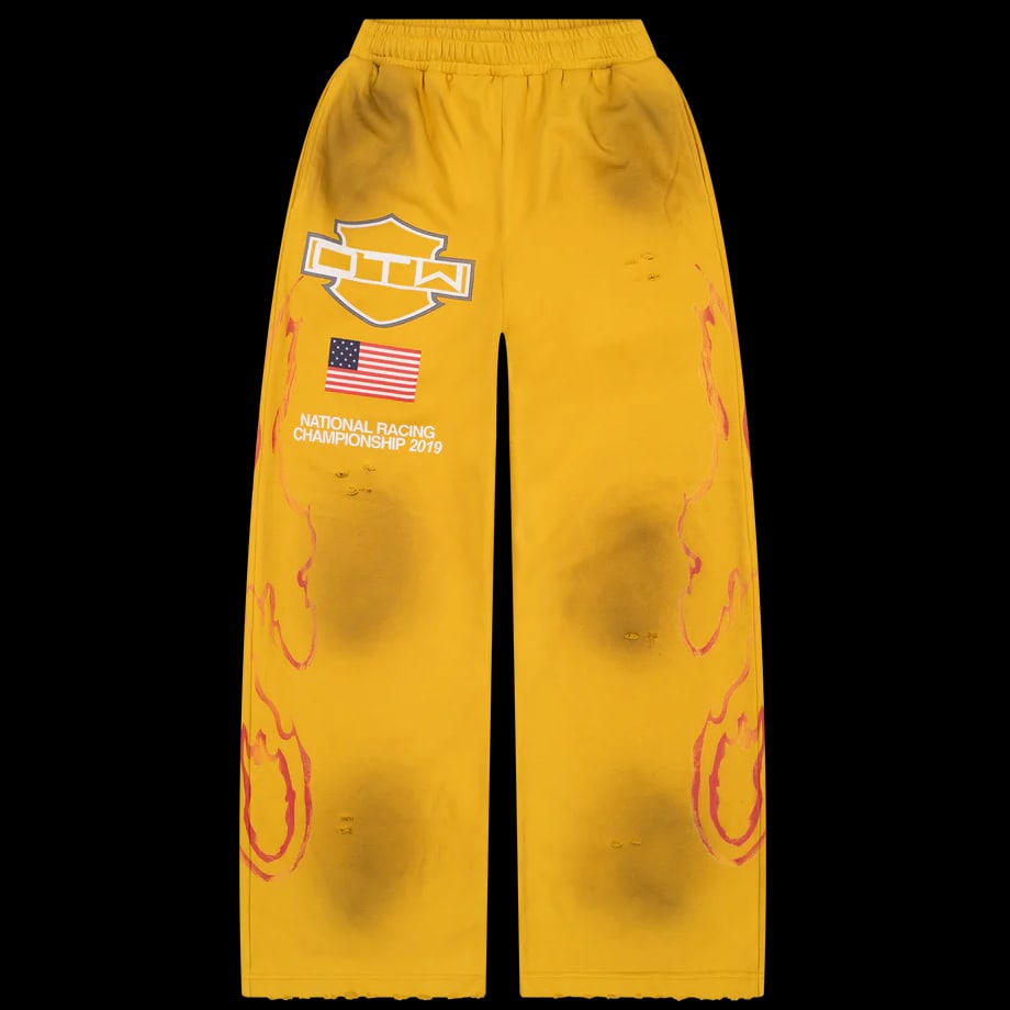 Yellow Biker Style Sweatpants by OTW Size Large: Yellow Biker Style Sweatpants by OTW Size Large The OTW Biker Yellow Sweats feature a vibrant yellow color and biker-inspired panel detailing for a bold, modern streetwear look. Made from a soft and d