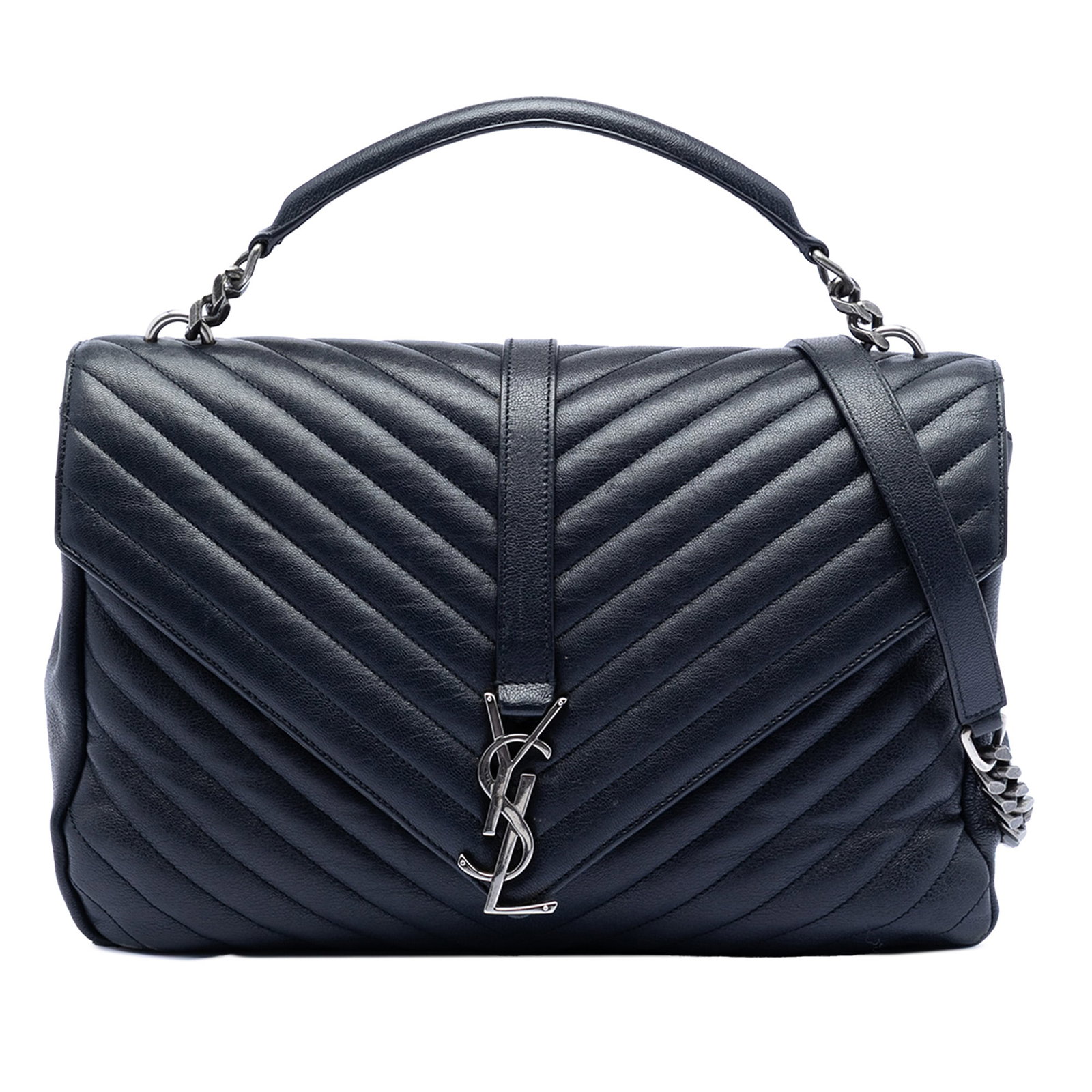 Saint Laurent College Satchel Blue Quilted Sheepskin Large Shoulder Bag: Saint Laurent College Satchel Blue Quilted Sheepskin Large Shoulder Bag This Saint Laurent Large Chevron Sheepskin Monogram College Satchel features a quilted sheepskin body with a flat leather top ha